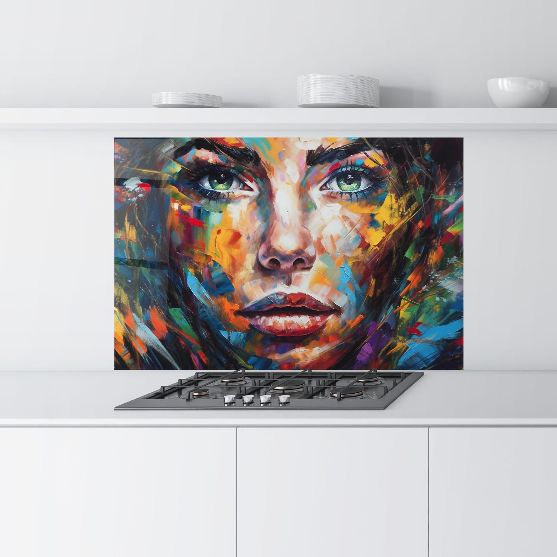 Küchenrückwand Glas Vibrant Color Woman Paint mockup 9