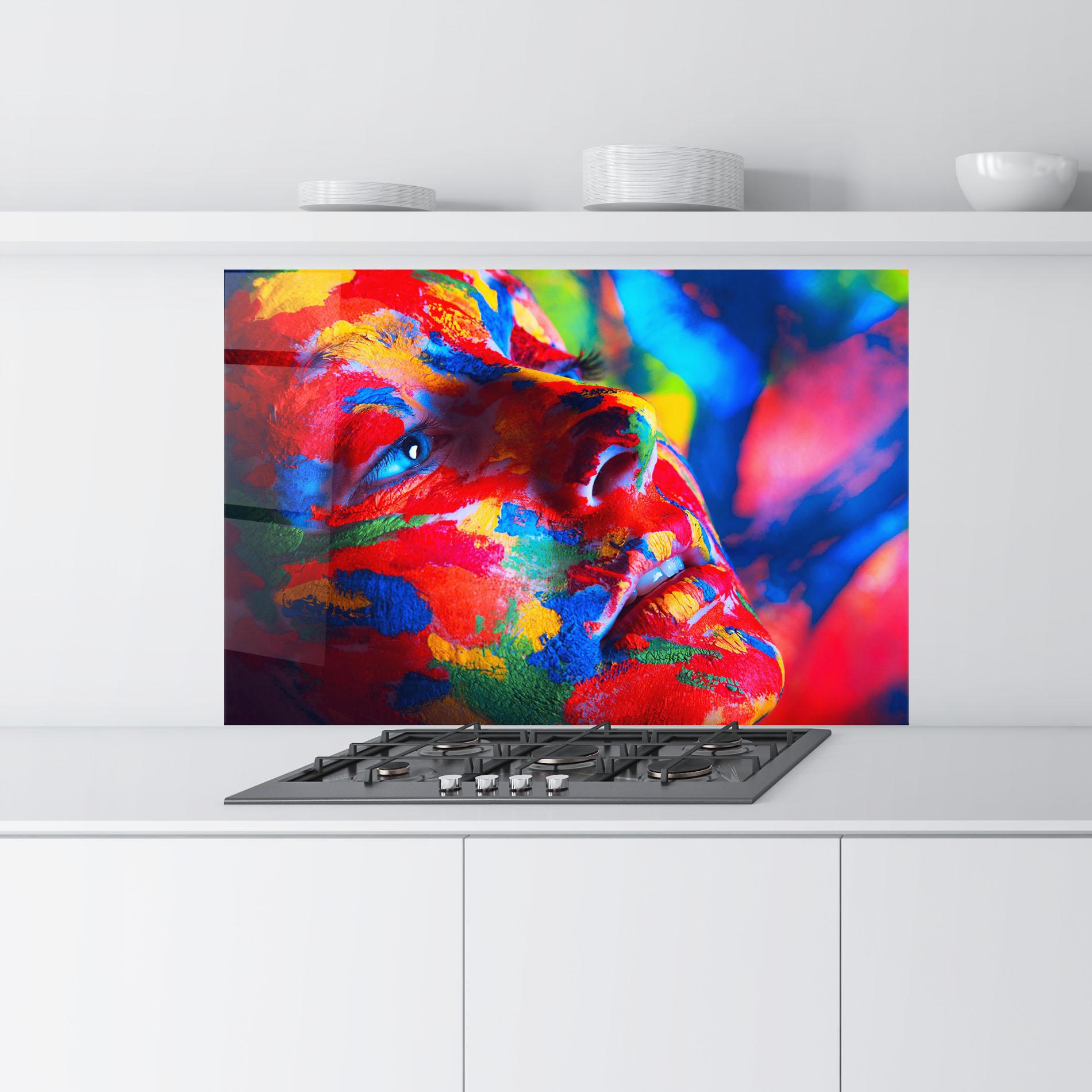 Küchenrückwand Glas Woman Colourful Paint mockup 9