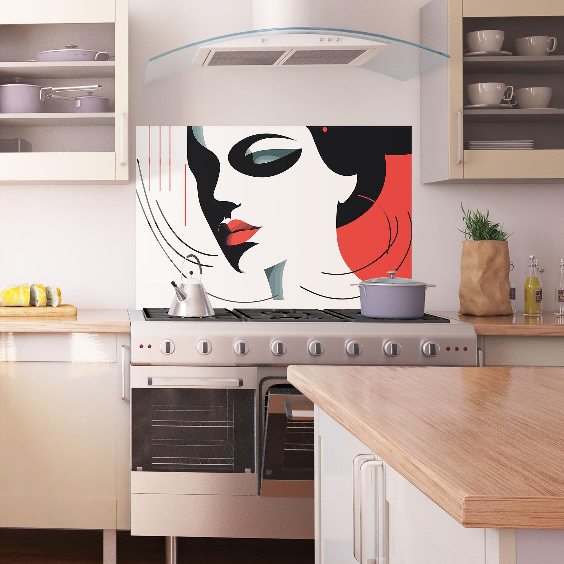 Küchenrückwand Glas Woman Red Lips mockup 1