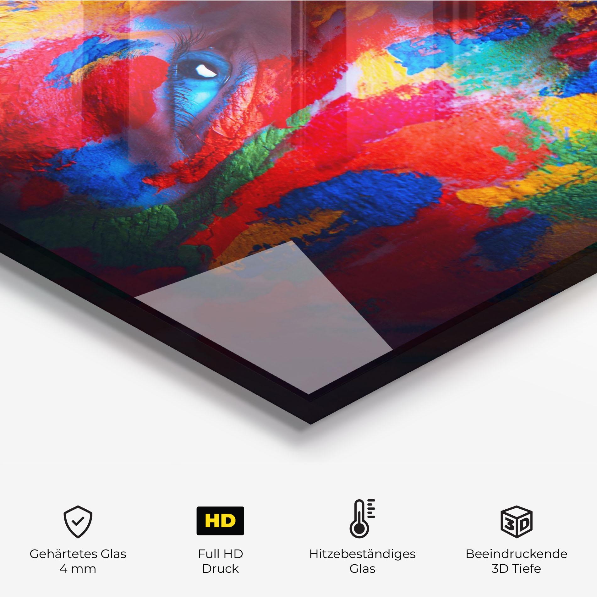 Küchenrückwand Glas Woman Colourful Paint mockup 2