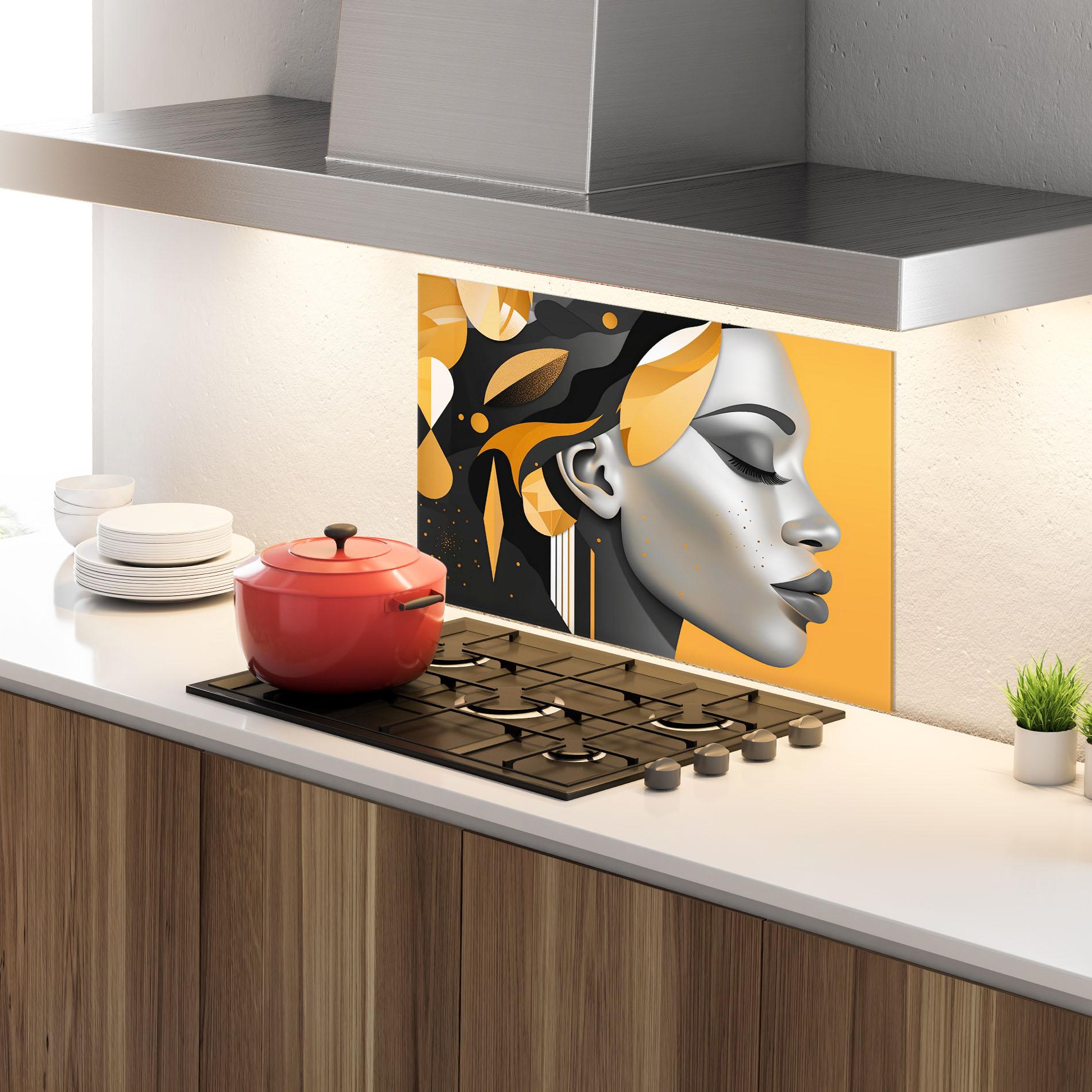 Küchenrückwand Glas Dreamy Grey Woman mockup 4