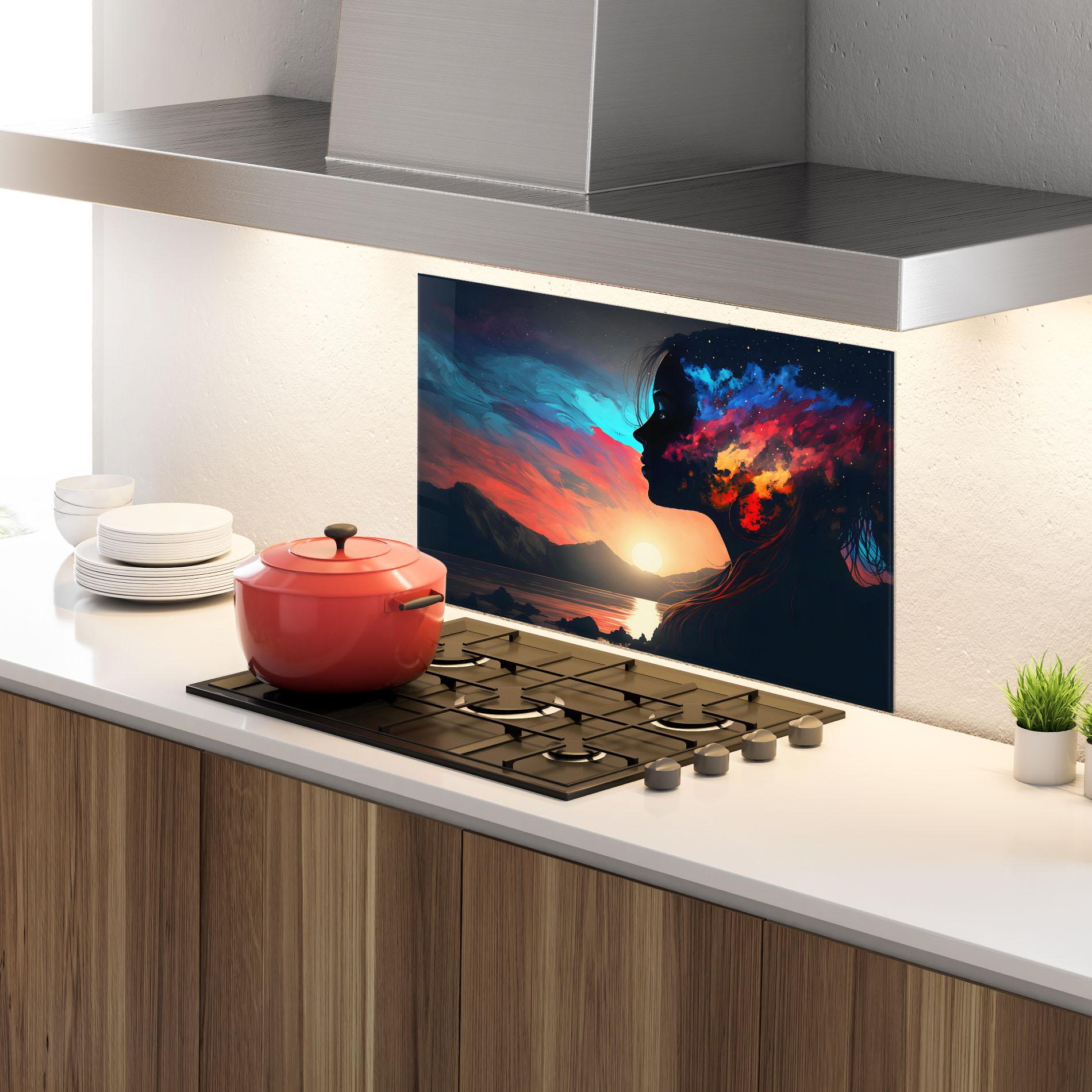 Küchenrückwand Glas Mystical Woman Silhouette mockup 4
