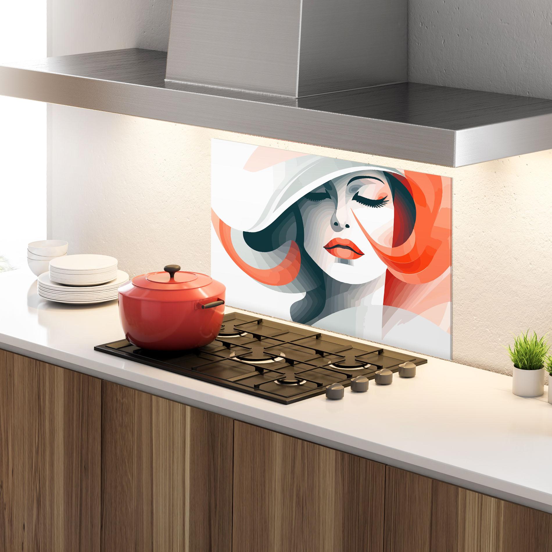 Küchenrückwand Glas Red Abstract Hair mockup 4