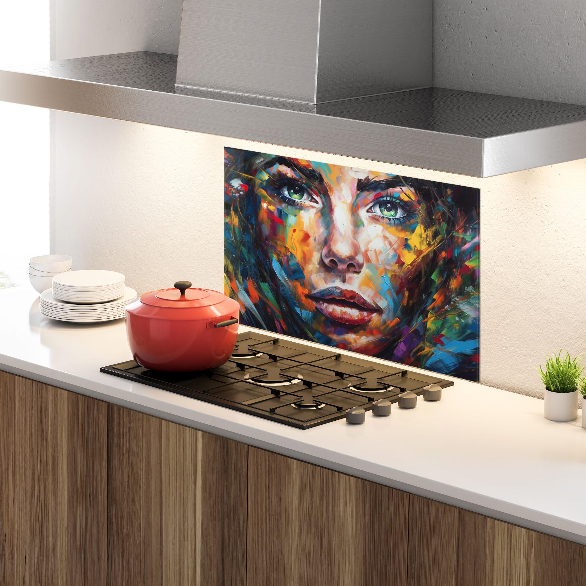 Küchenrückwand Glas Vibrant Color Woman Paint mockup 4