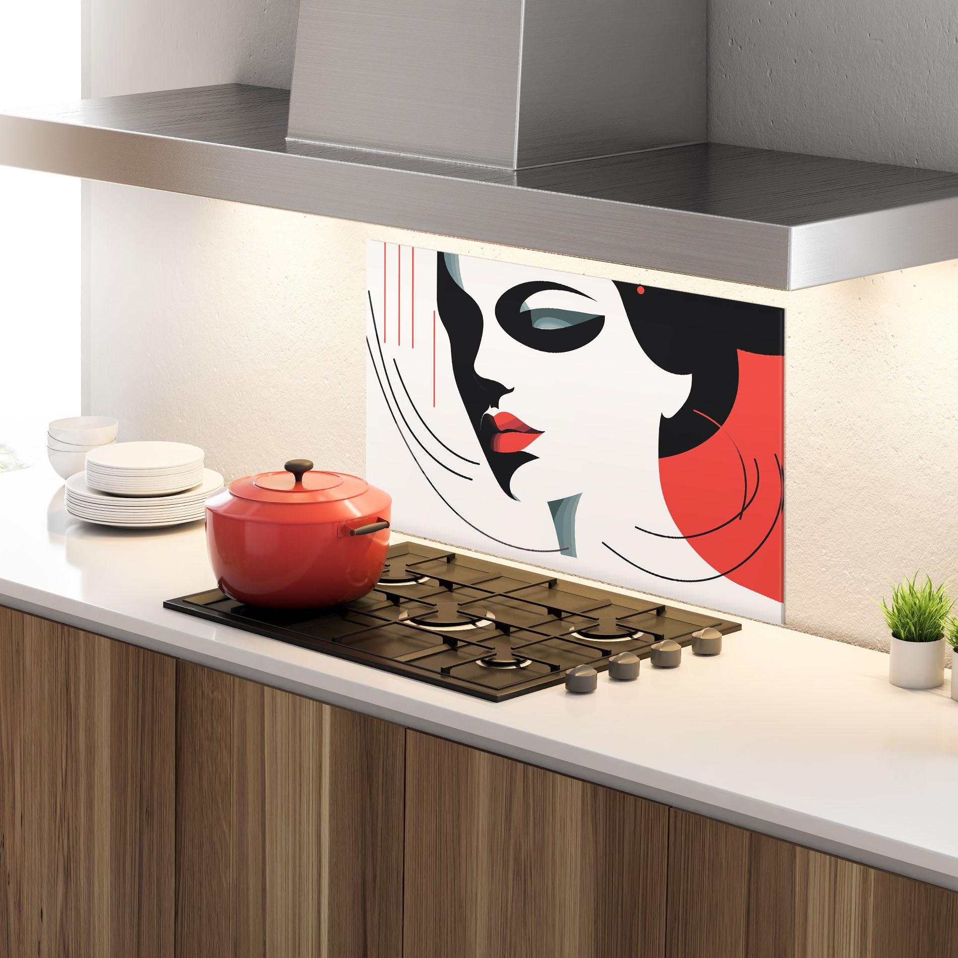 Küchenrückwand Glas Woman Red Lips mockup 4