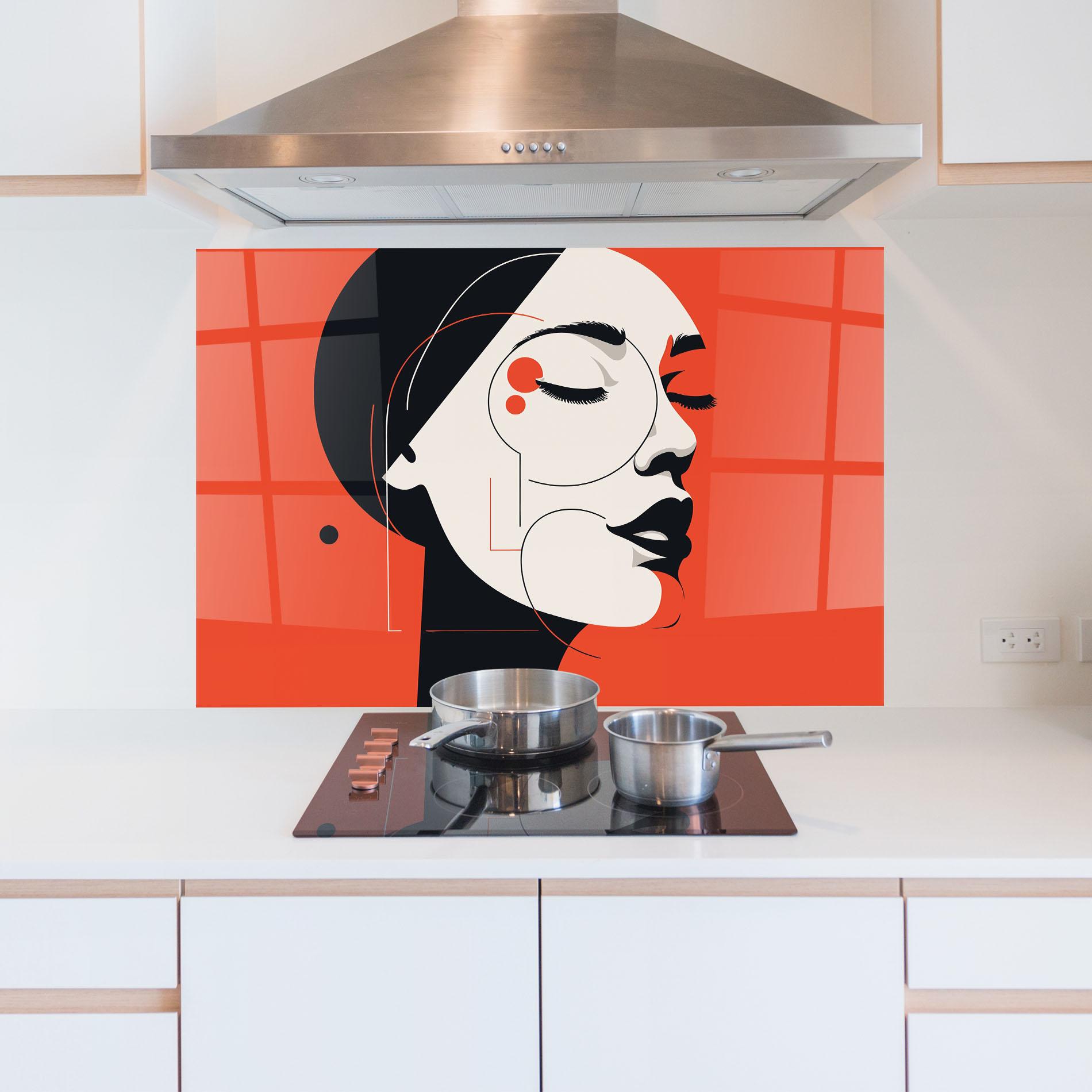 Küchenrückwand Glas Abstract White Face mockup 5