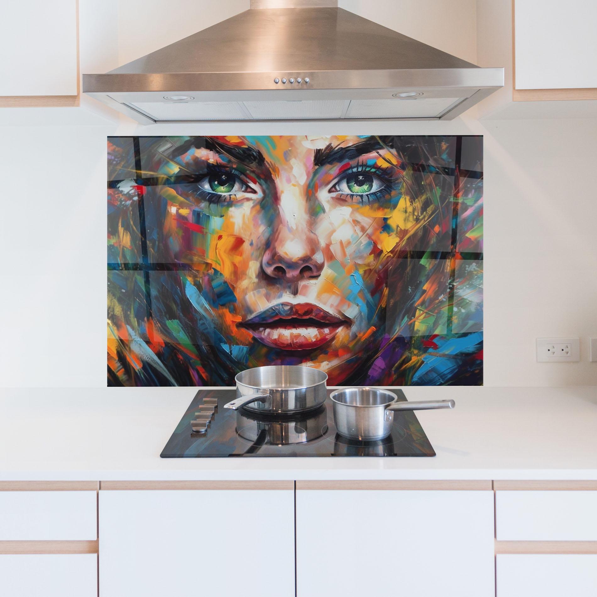 Küchenrückwand Glas Vibrant Color Woman Paint mockup 5