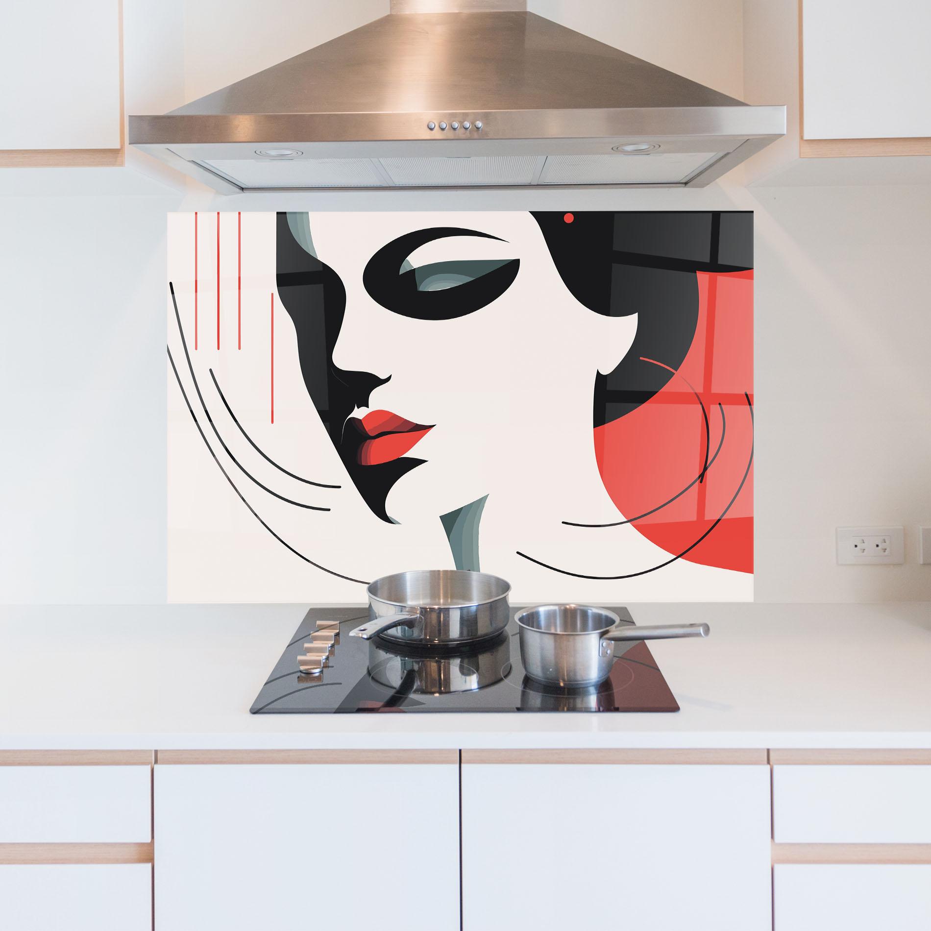 Küchenrückwand Glas Woman Red Lips mockup 5