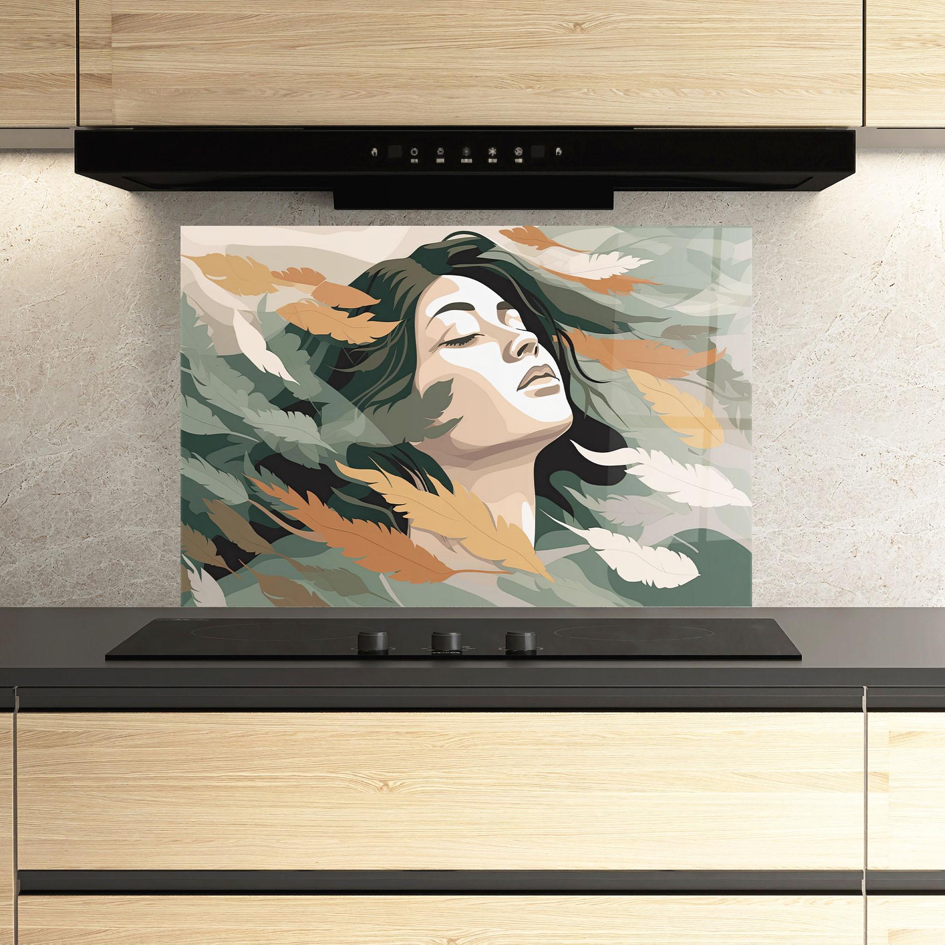 Küchenrückwand Glas Dreamy Feather Female mockup 3
