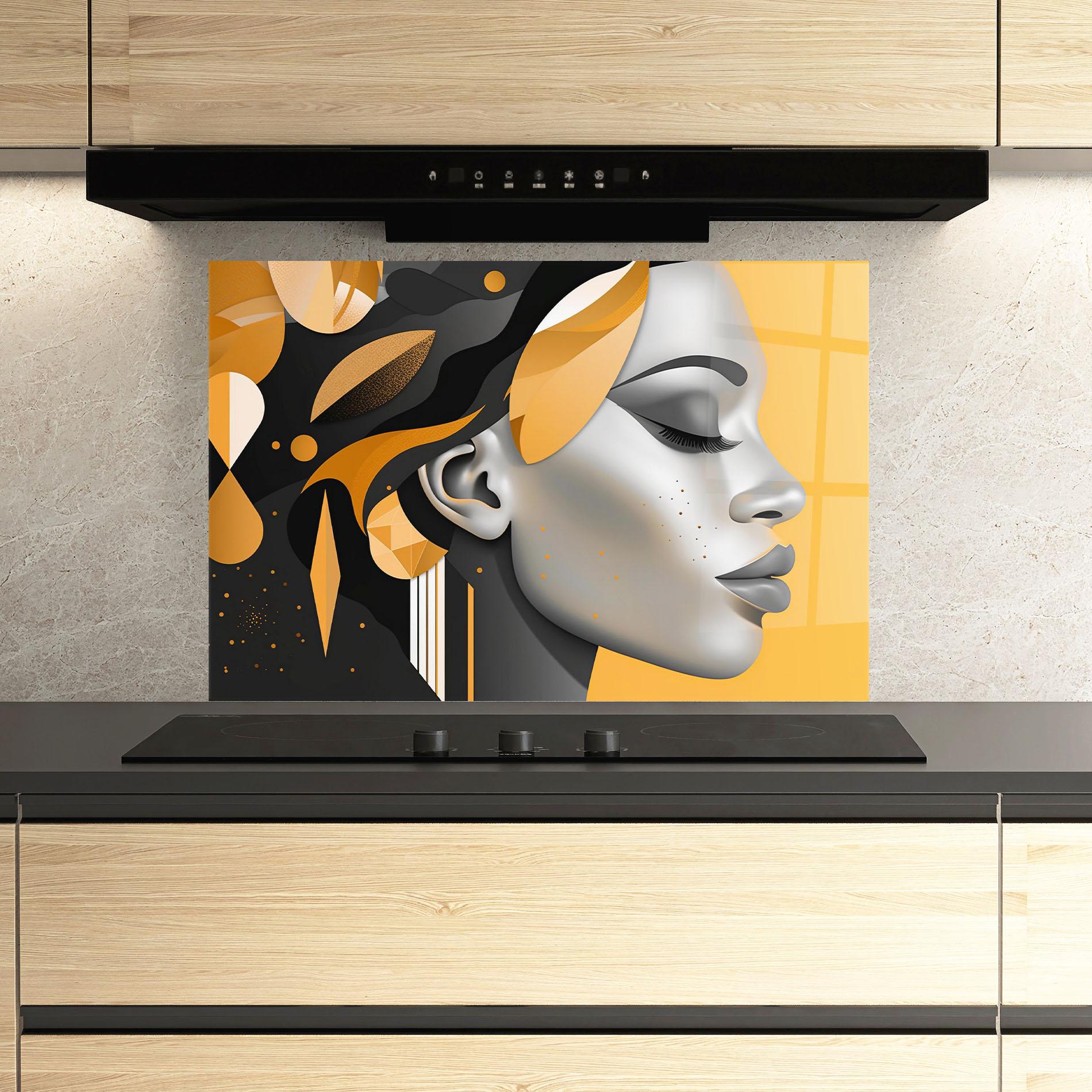 Küchenrückwand Glas Dreamy Grey Woman mockup 3