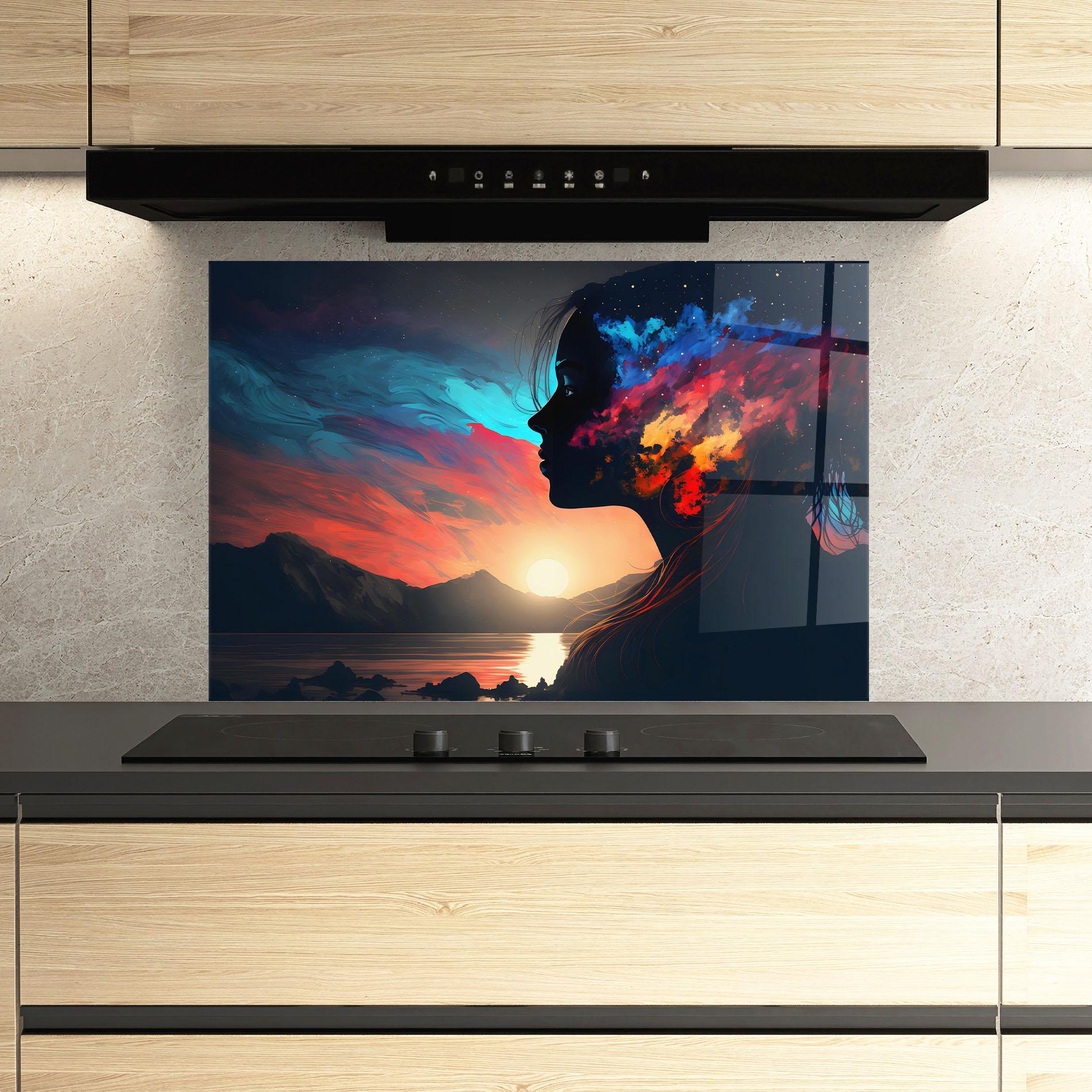 Küchenrückwand Glas Mystical Woman Silhouette mockup 3
