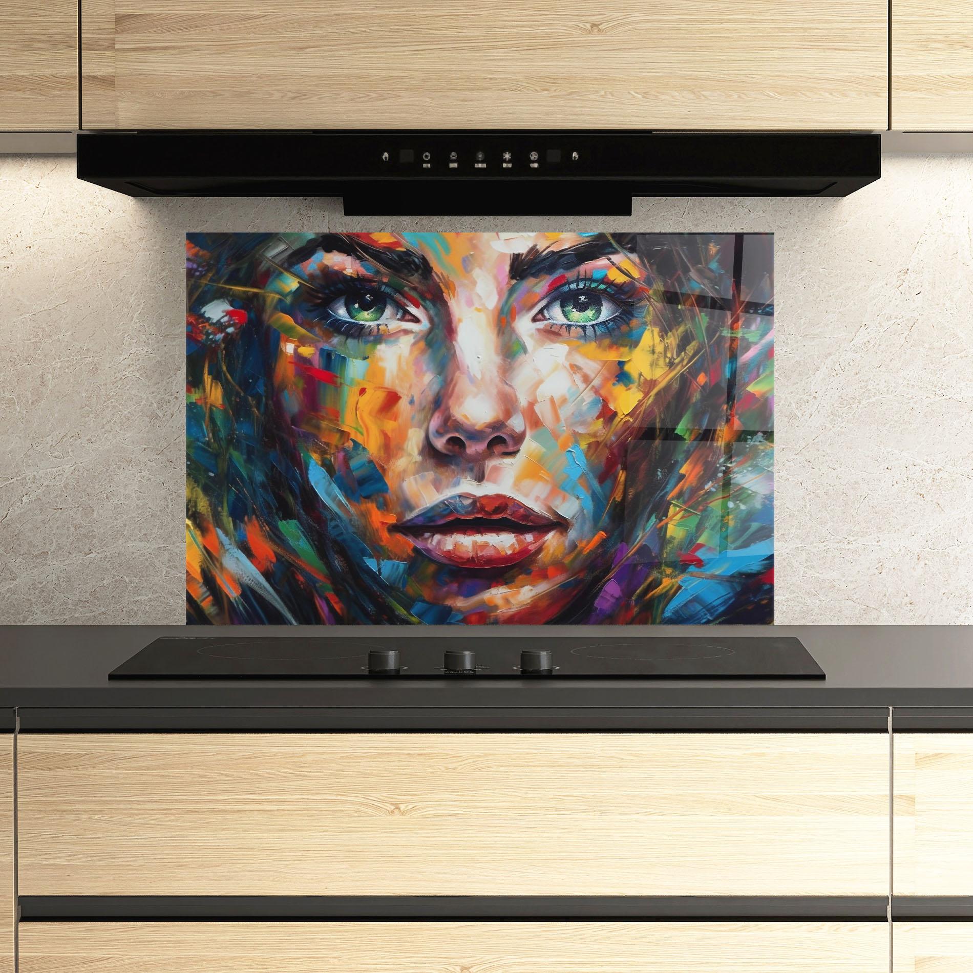Küchenrückwand Glas Vibrant Color Woman Paint mockup 3