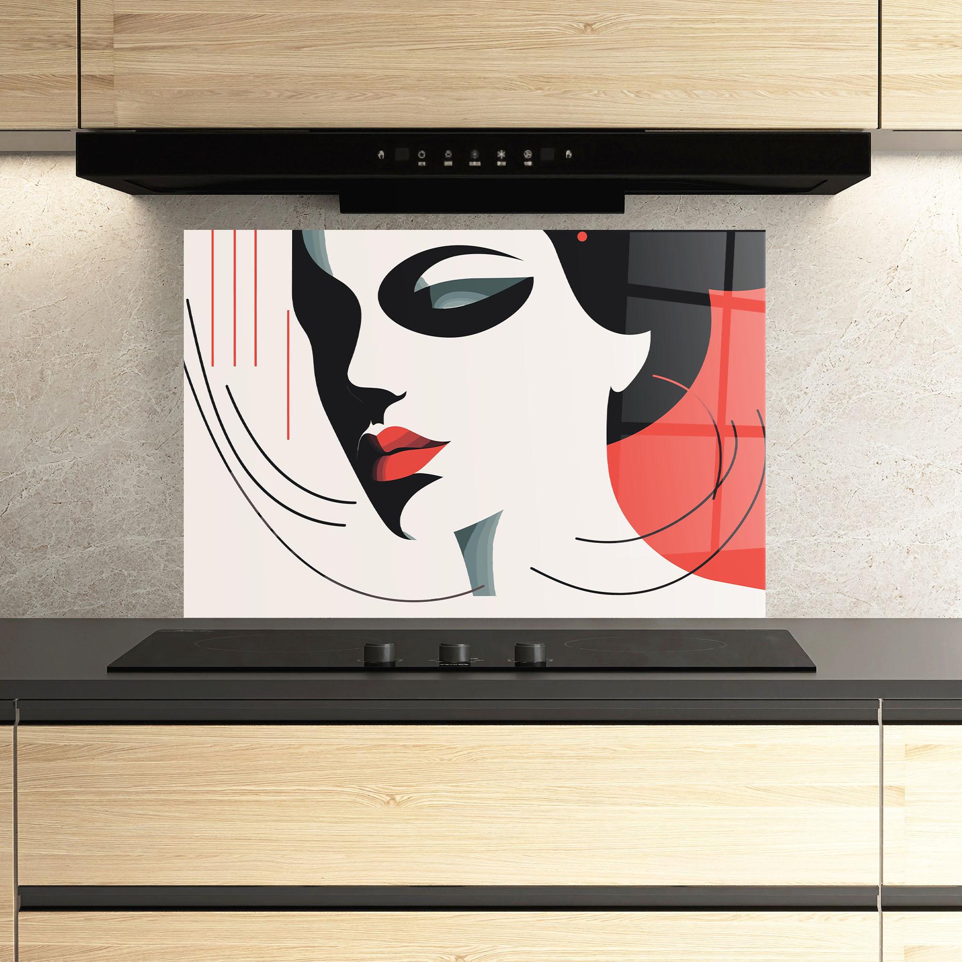 Küchenrückwand Glas Woman Red Lips mockup 3
