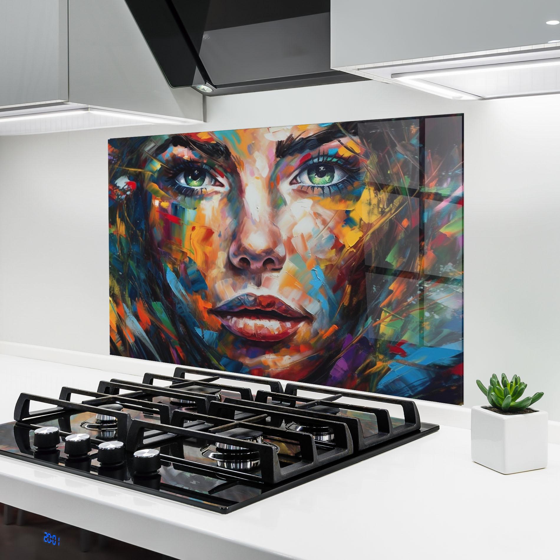 Küchenrückwand Glas Vibrant Color Woman Paint mockup 6