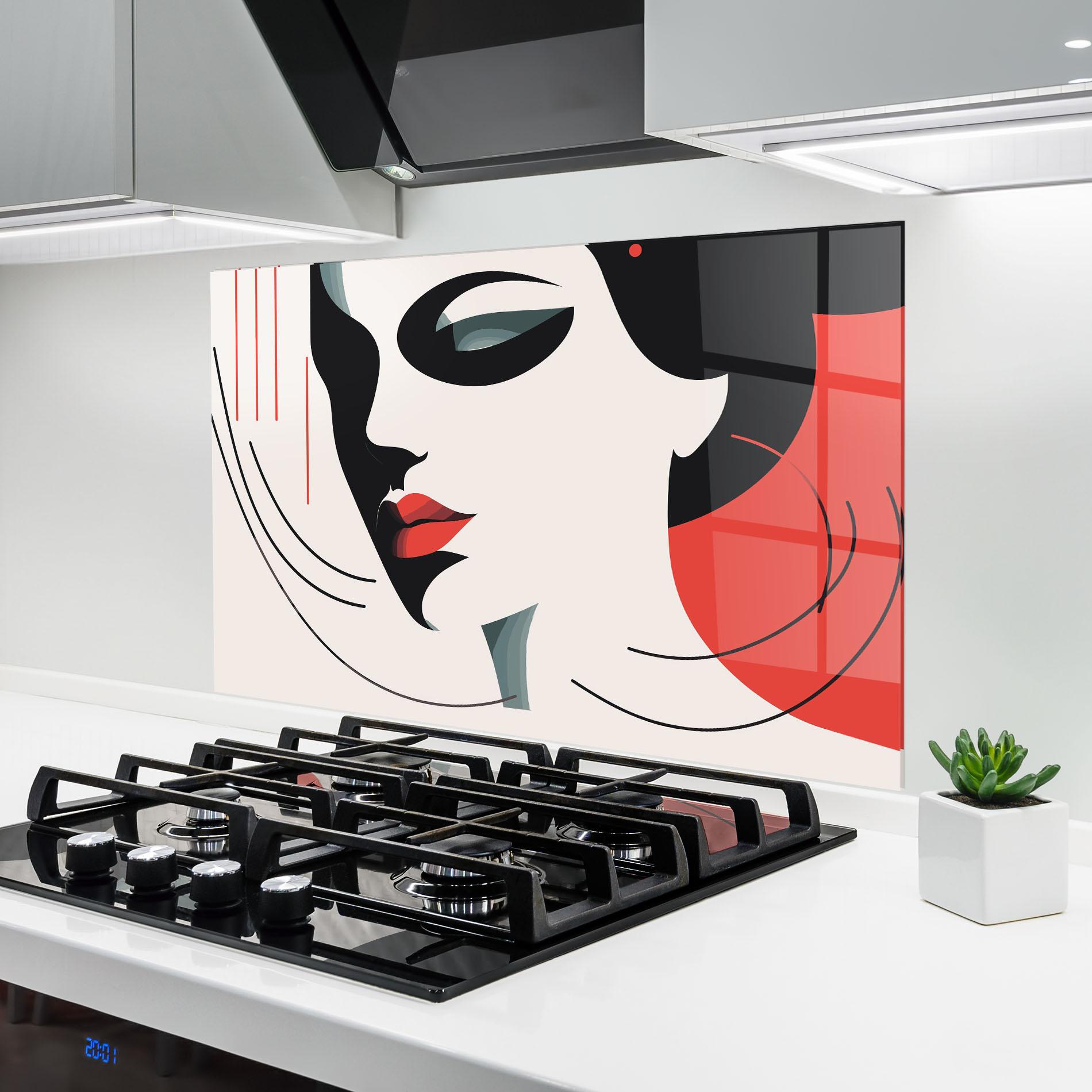 Küchenrückwand Glas Woman Red Lips mockup 6