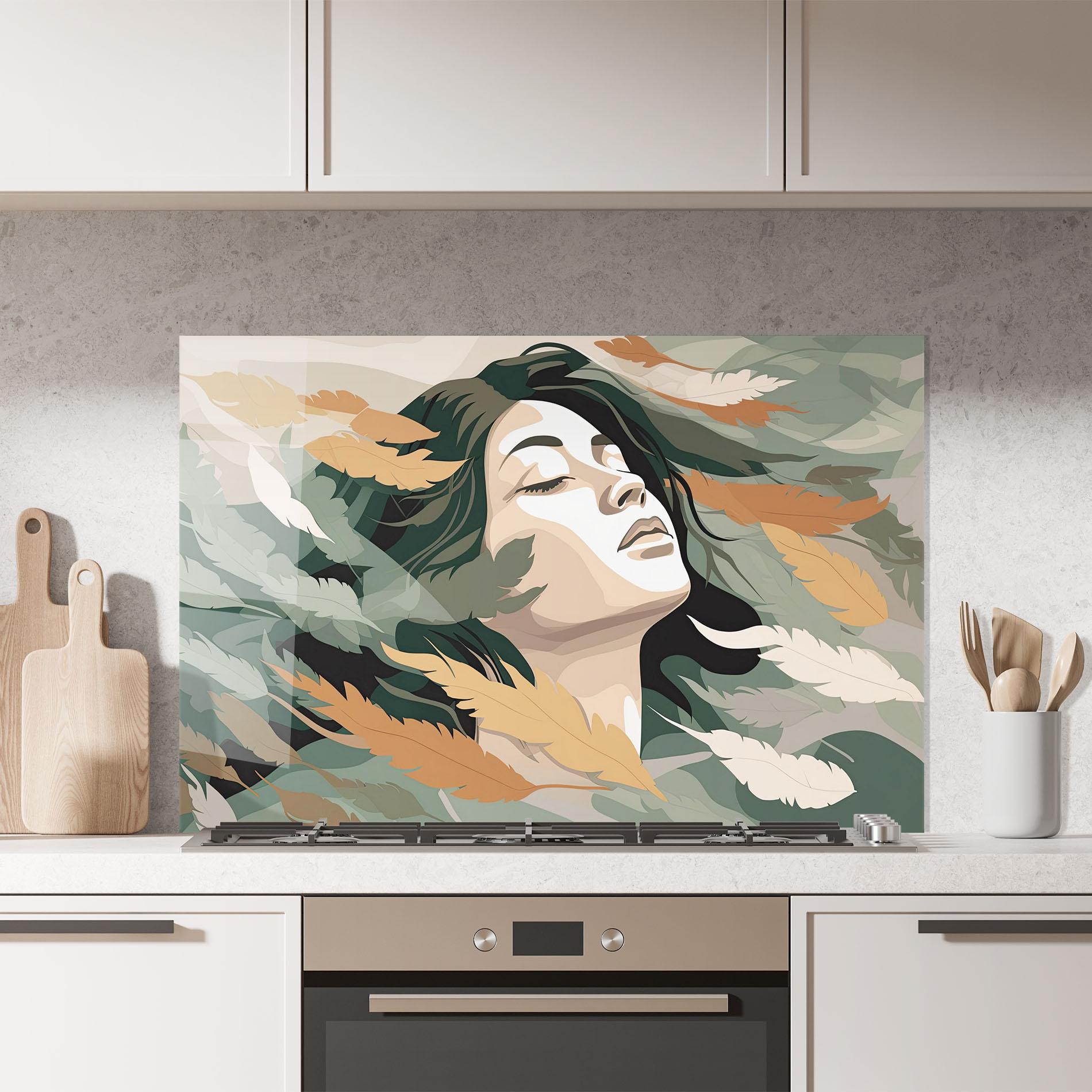Küchenrückwand Glas Dreamy Feather Female mockup 7