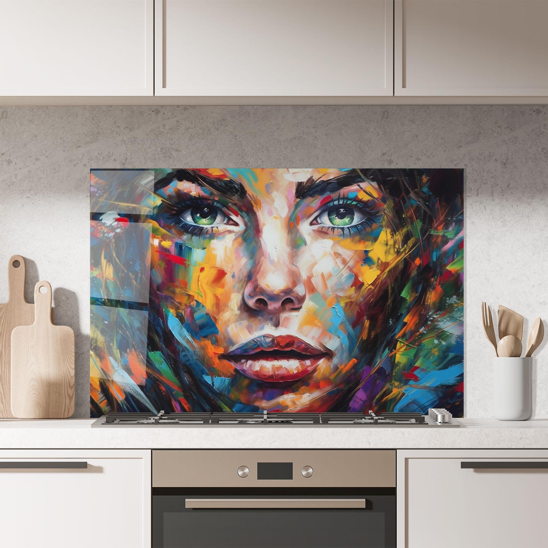 Küchenrückwand Glas Vibrant Color Woman Paint mockup 7