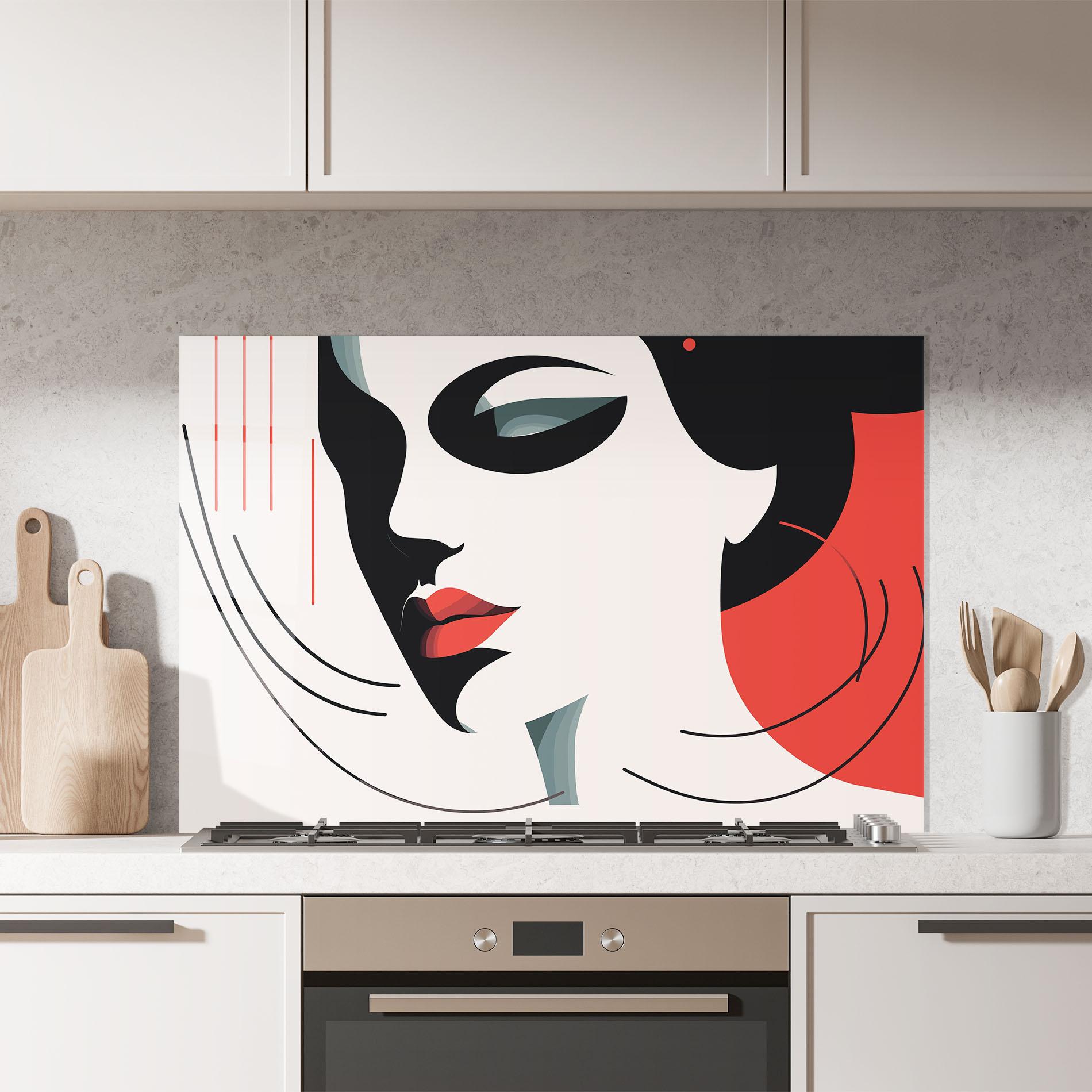 Küchenrückwand Glas Woman Red Lips mockup 7
