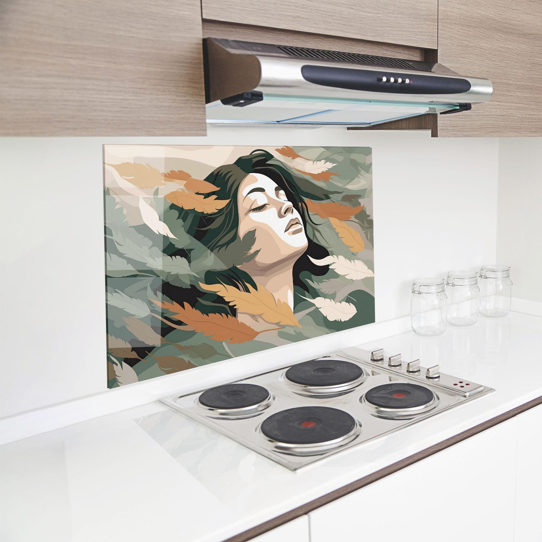 Küchenrückwand Glas Dreamy Feather Female mockup 8