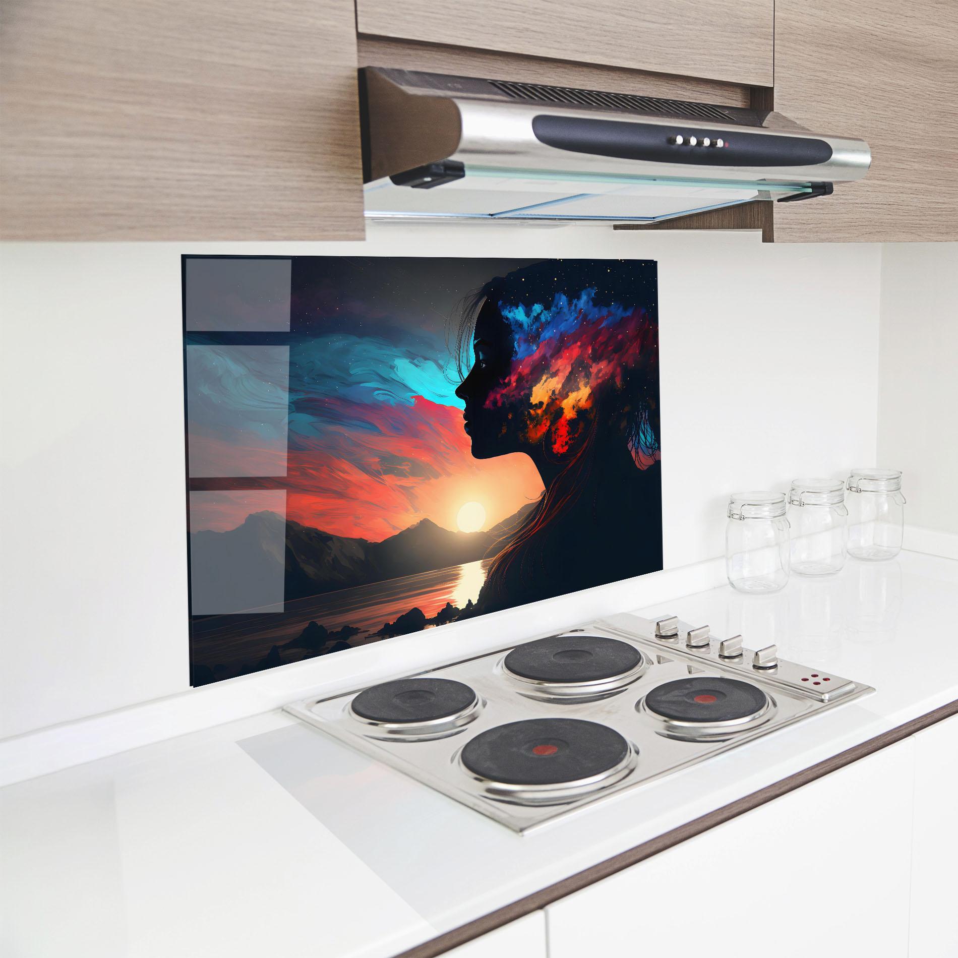 Küchenrückwand Glas Mystical Woman Silhouette mockup 8