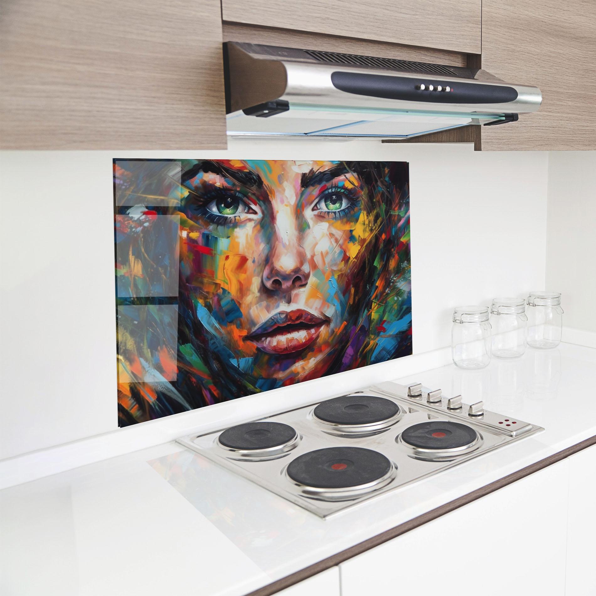 Küchenrückwand Glas Vibrant Color Woman Paint mockup 8