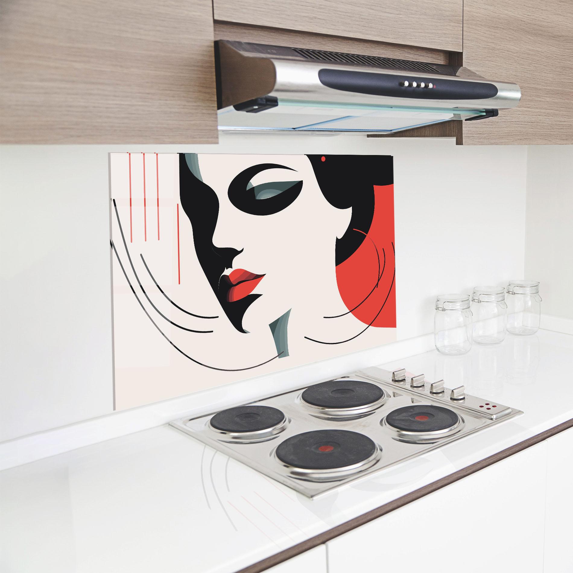 Küchenrückwand Glas Woman Red Lips mockup 8