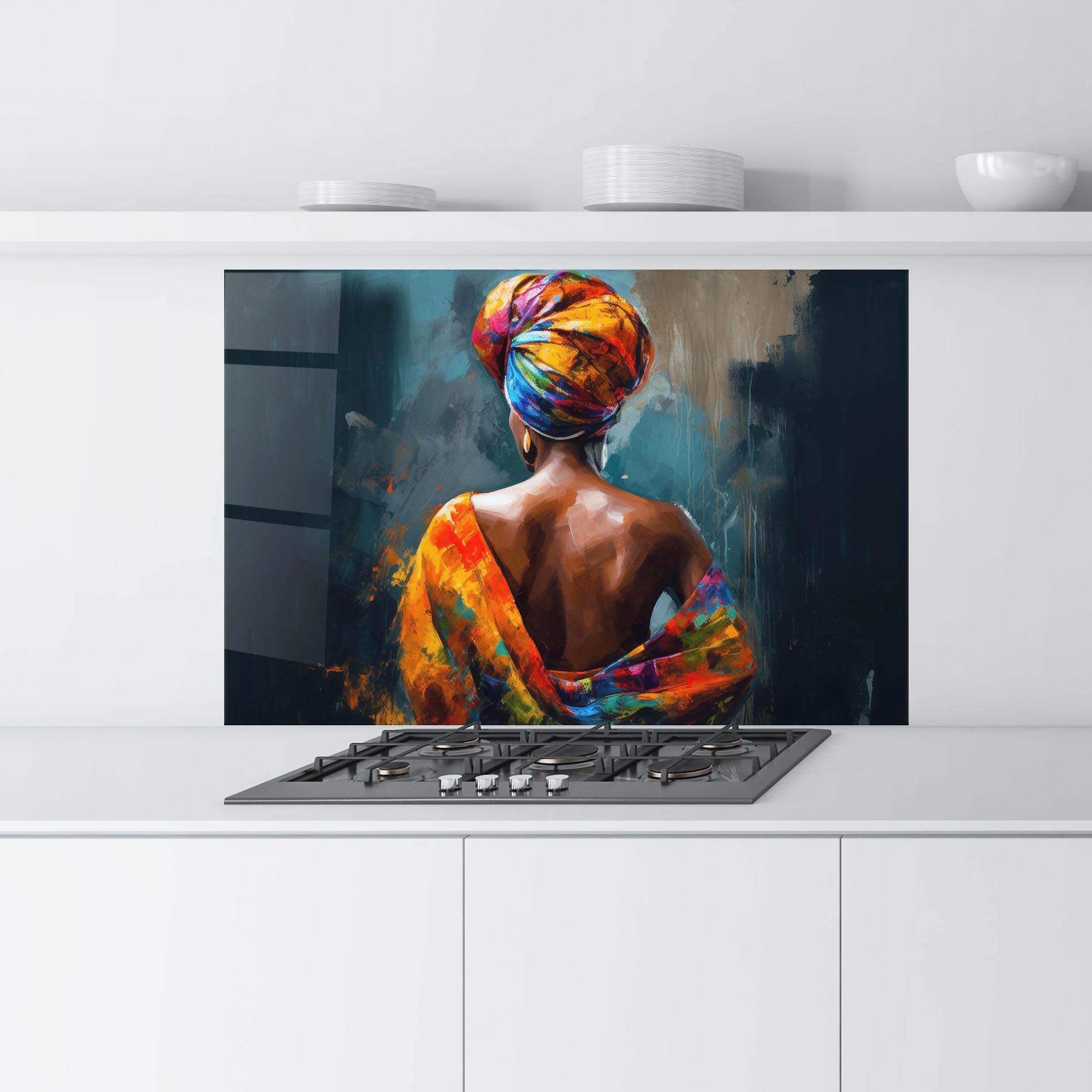 Küchenrückwand Glas Colorful Turban Woman mockup 9