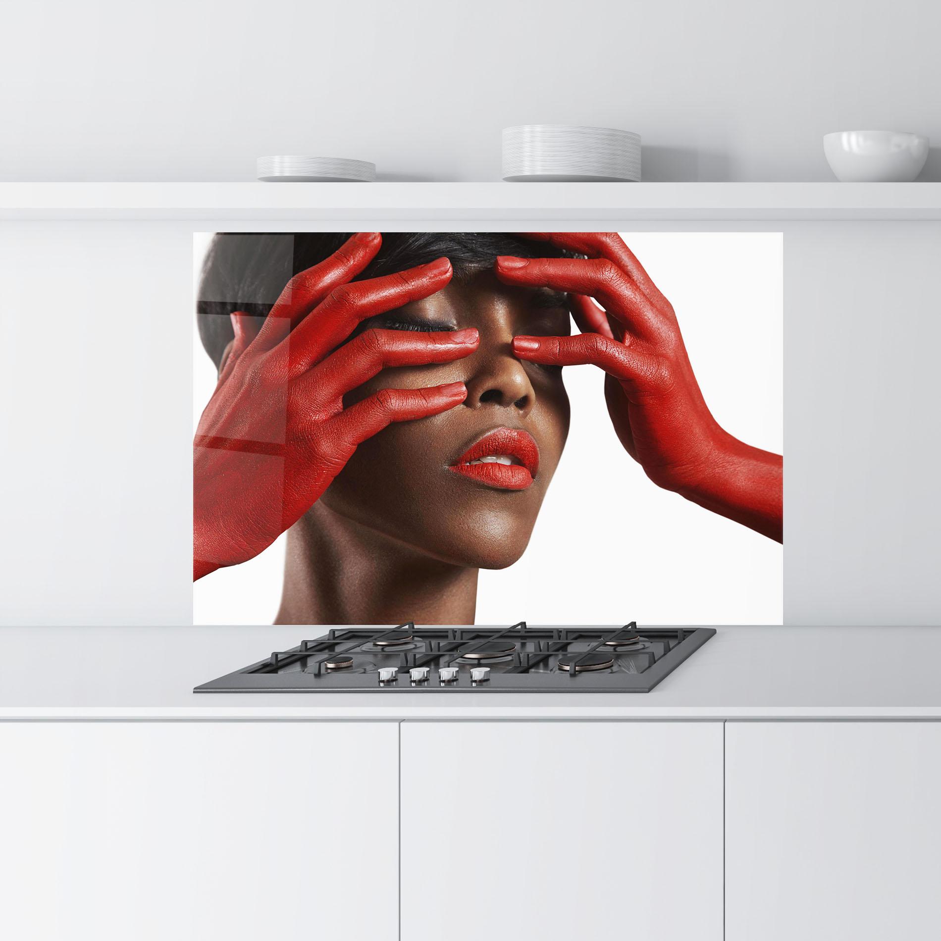 Küchenrückwand Glas Red Hands Woman mockup 9
