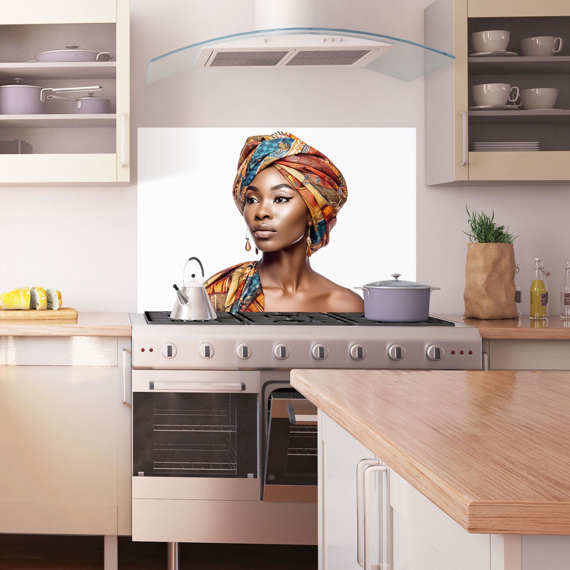 Küchenrückwand Glas African Woman Turban mockup 1