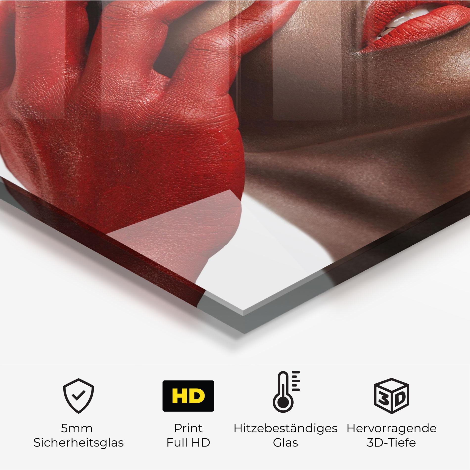 Küchenrückwand Glas Red Hands Woman mockup 2