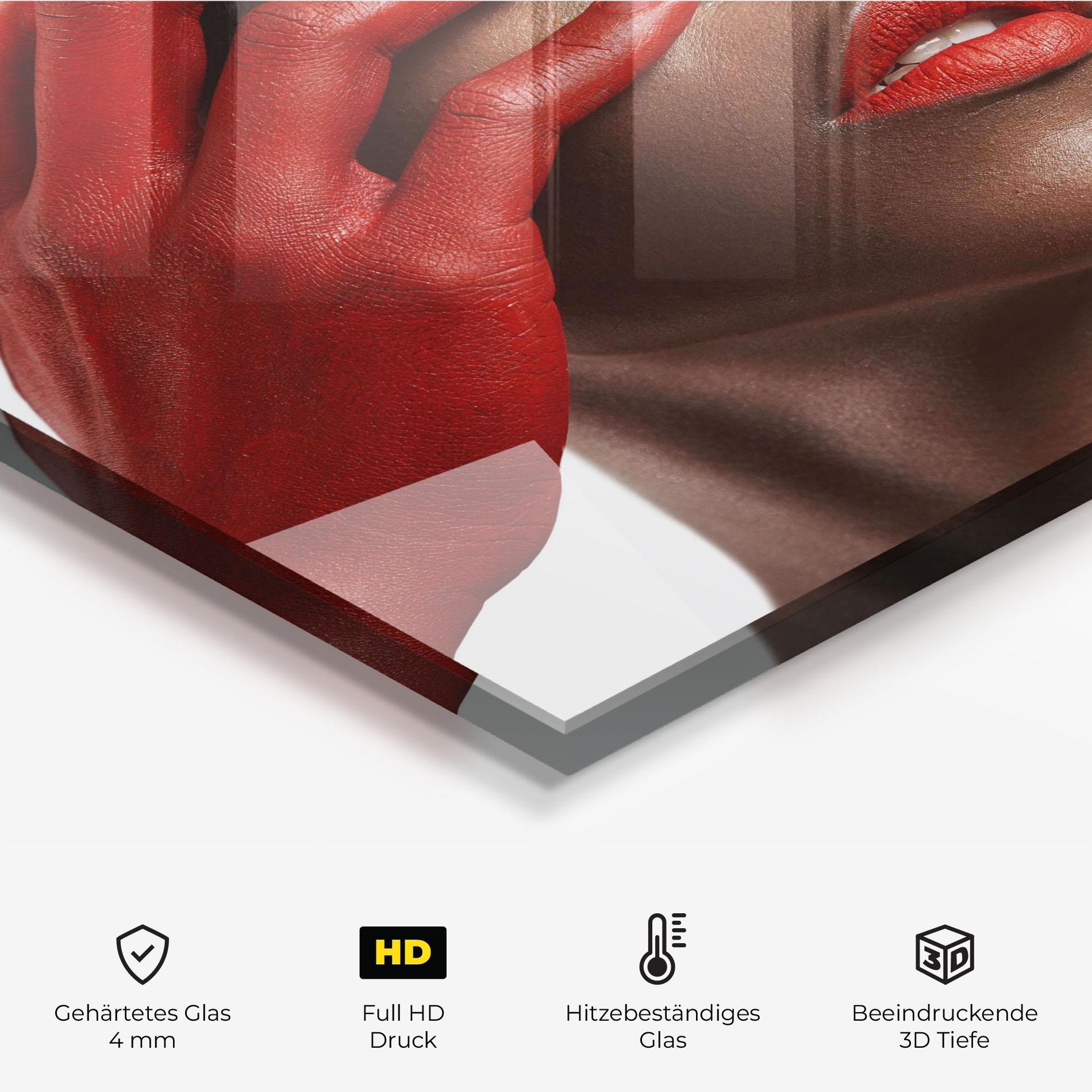 Küchenrückwand Glas Red Hands Woman mockup 2