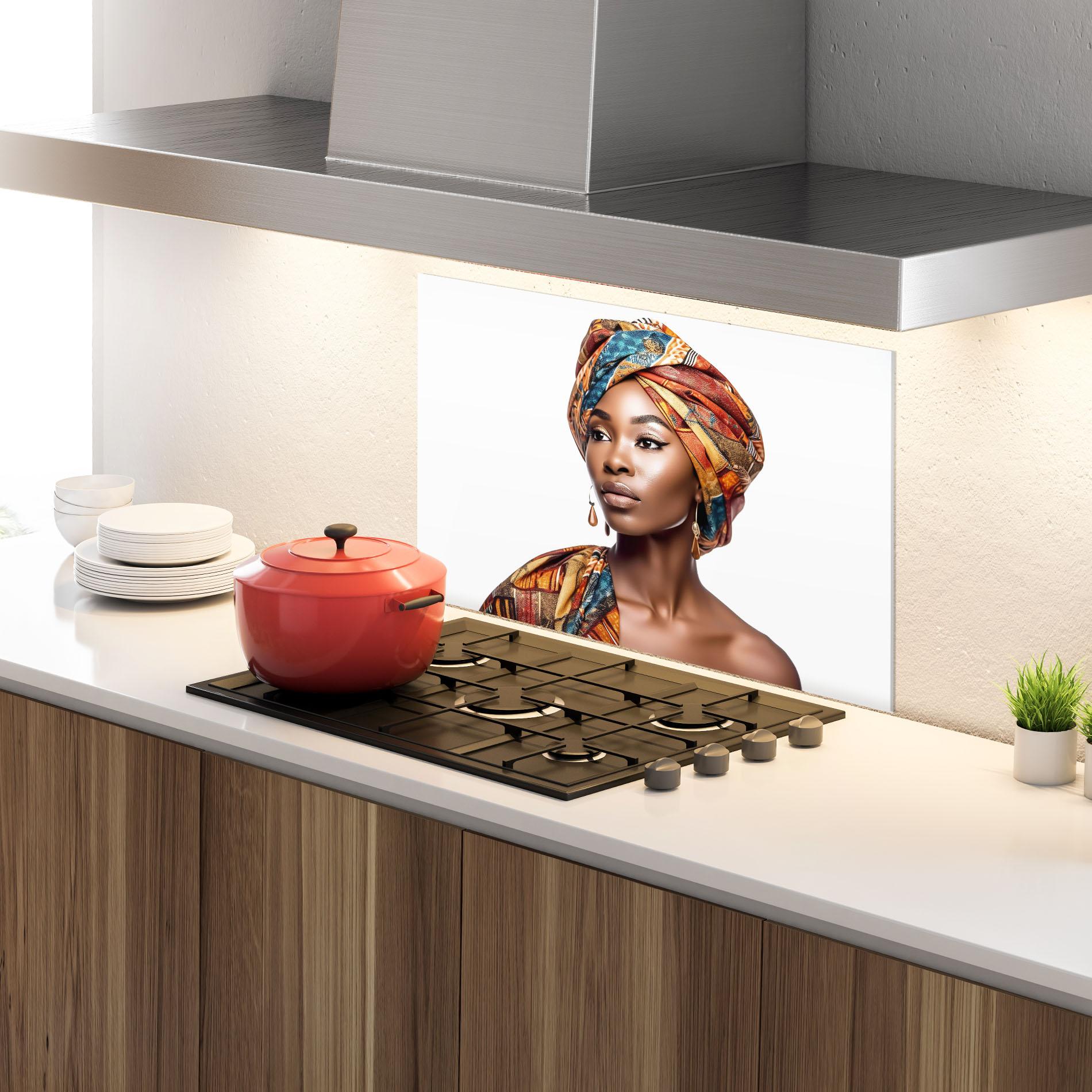Küchenrückwand Glas African Woman Turban mockup 4