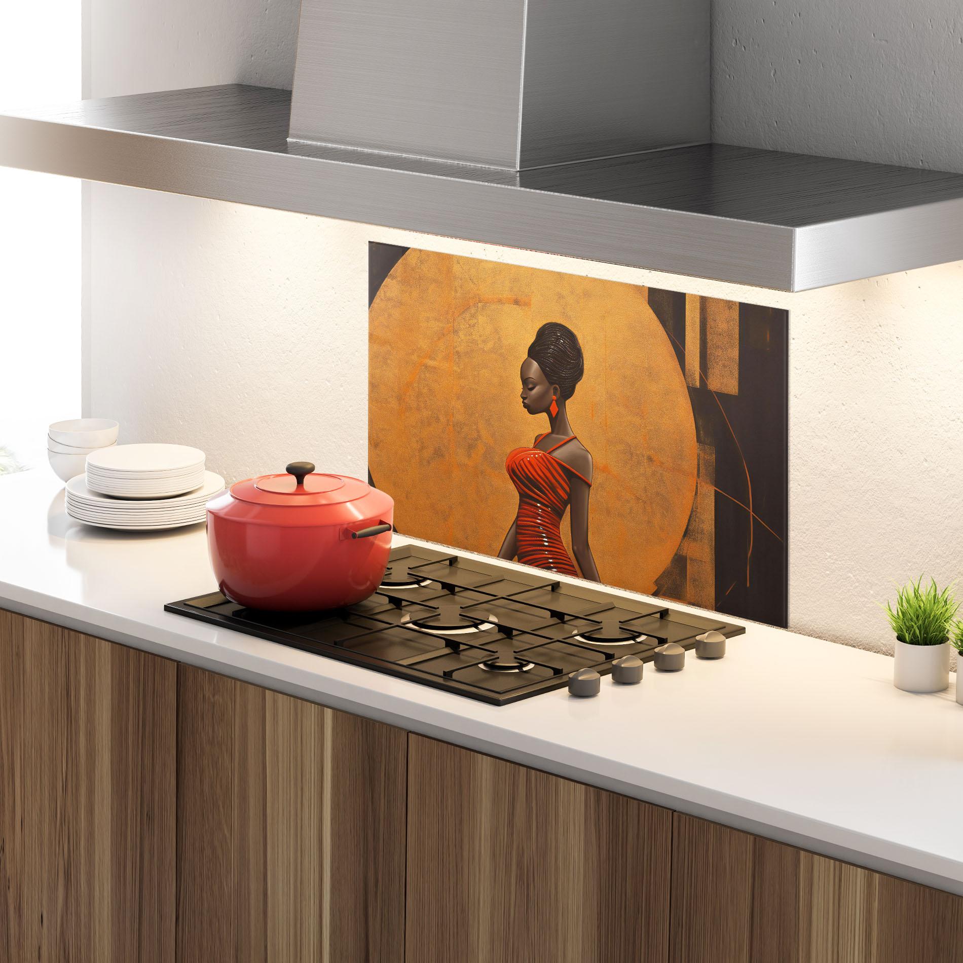 Küchenrückwand Glas Beautiful African Red Dress mockup 4