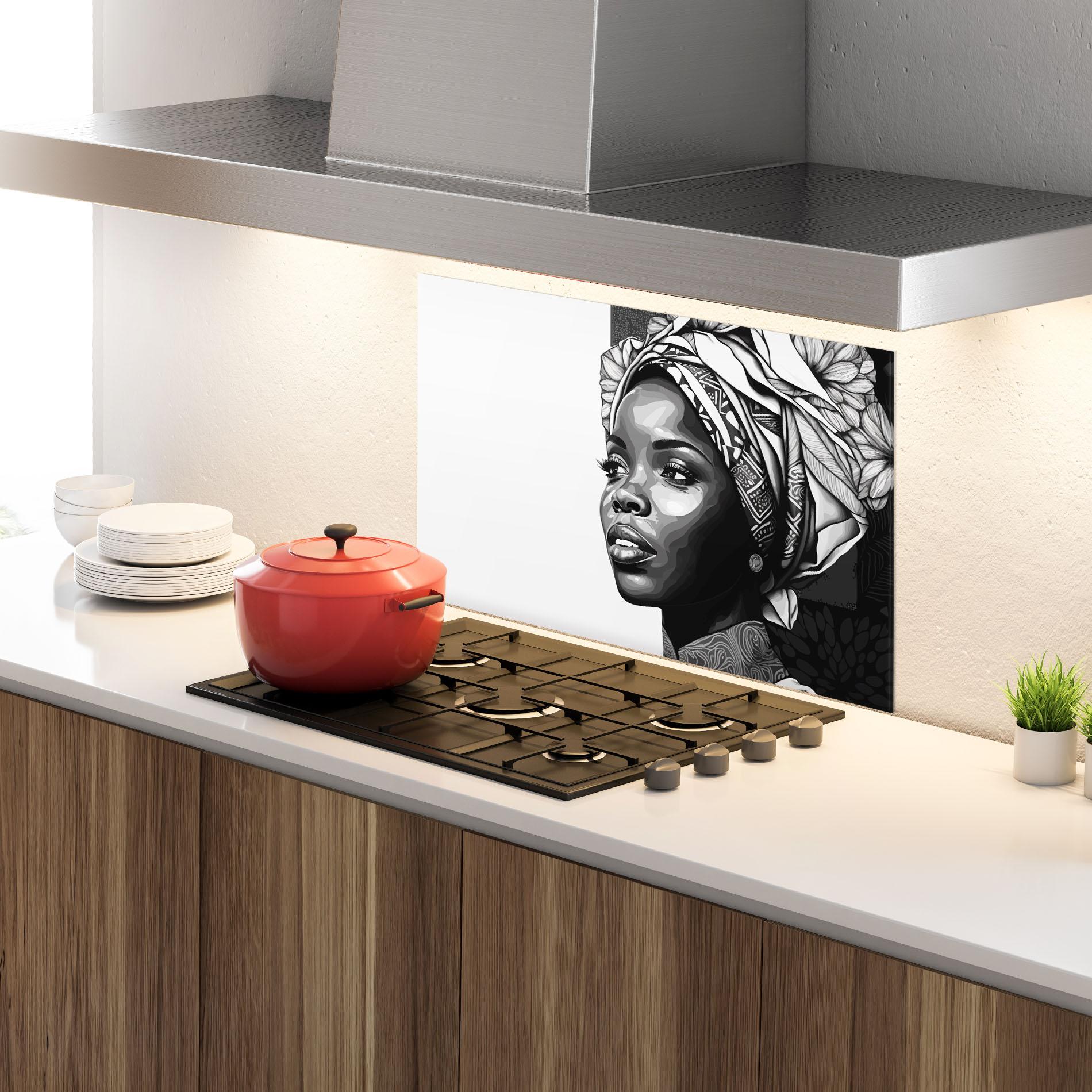 Küchenrückwand Glas Pretty African Woman mockup 4