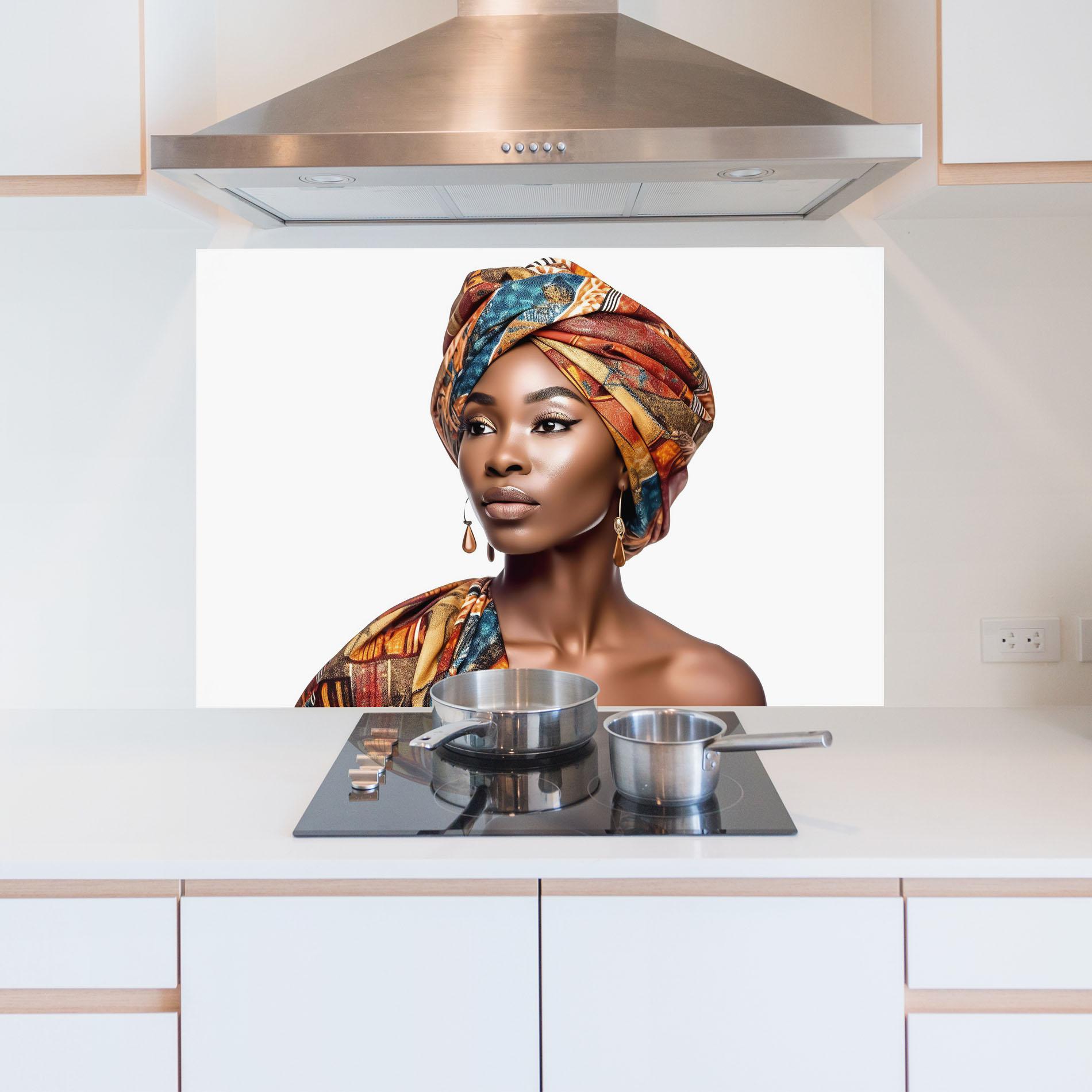 Küchenrückwand Glas African Woman Turban mockup 5