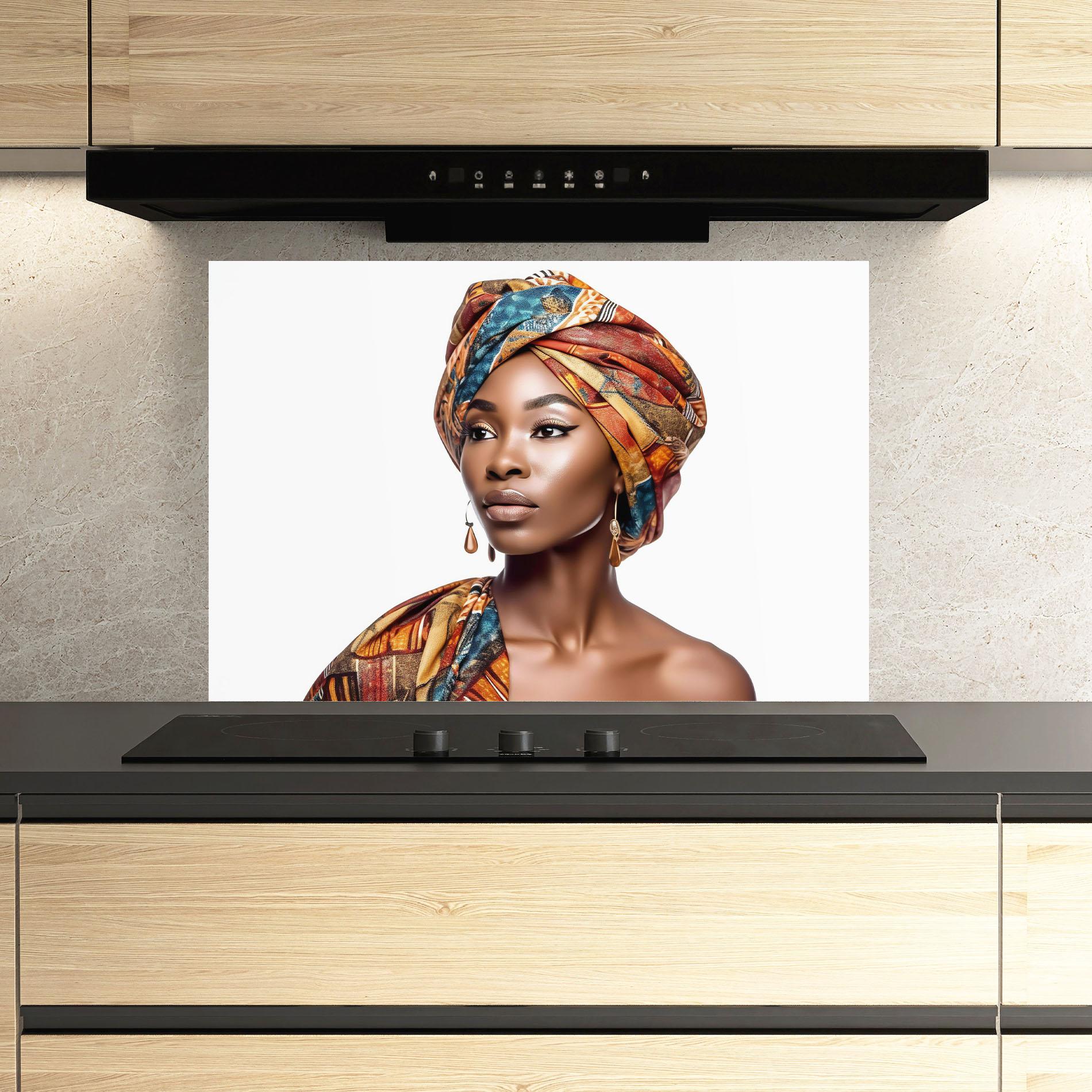 Küchenrückwand Glas African Woman Turban mockup 3