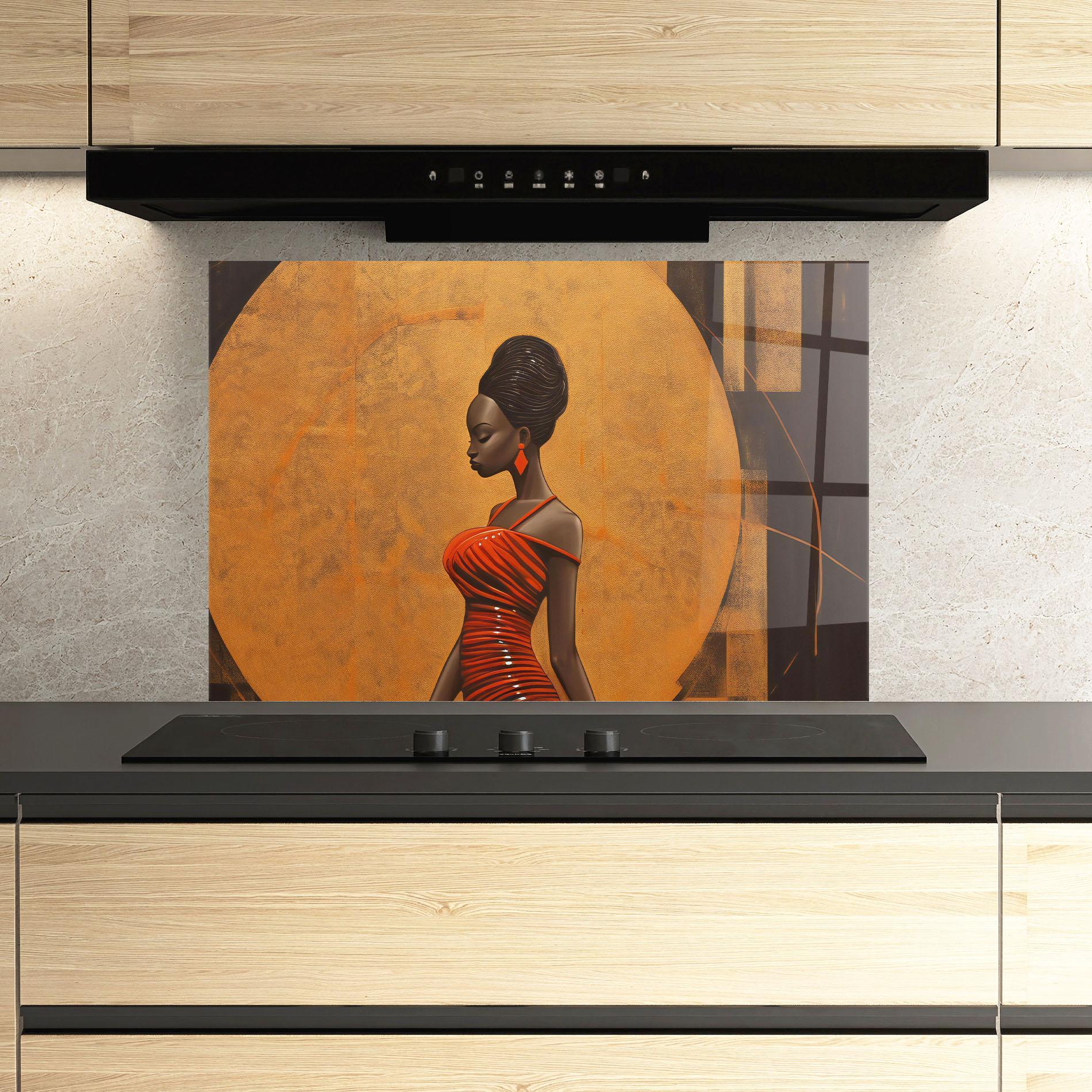 Küchenrückwand Glas Beautiful African Red Dress mockup 3