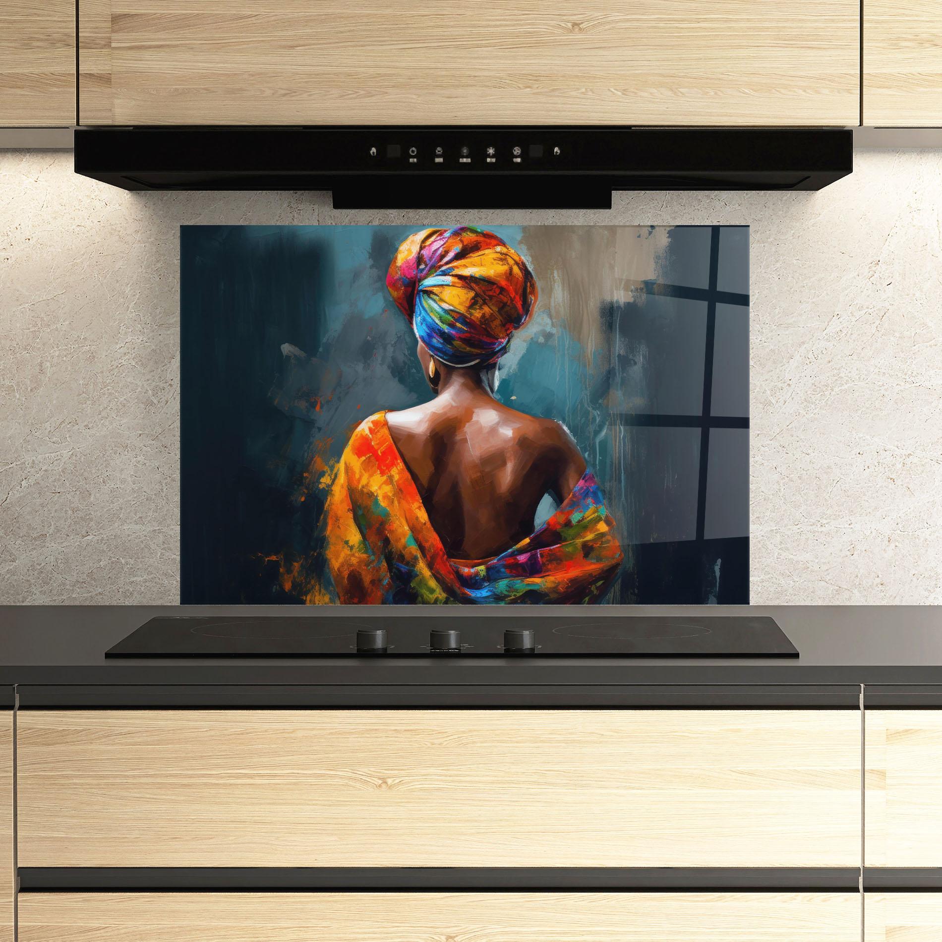 Küchenrückwand Glas Colorful Turban Woman mockup 3