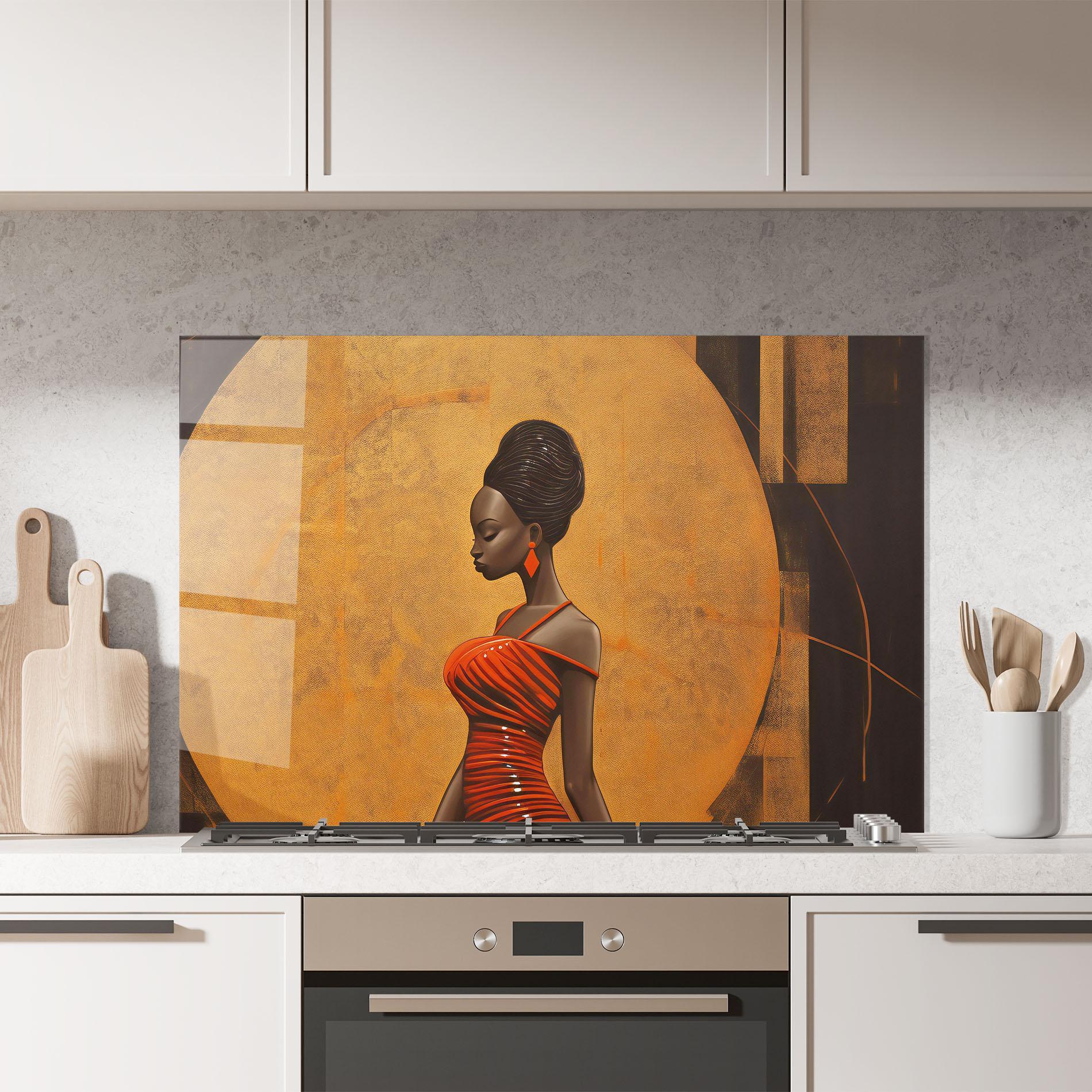 Küchenrückwand Glas Beautiful African Red Dress mockup 7