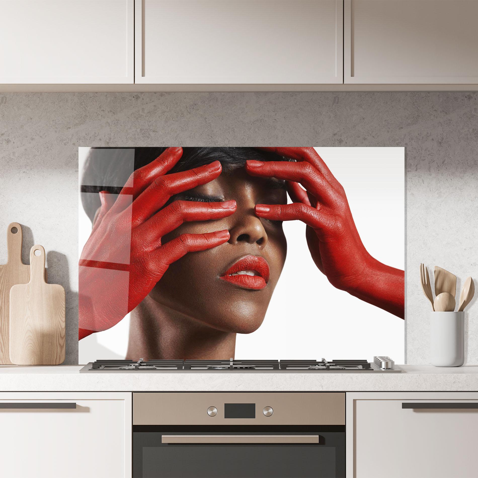Küchenrückwand Glas Red Hands Woman mockup 7
