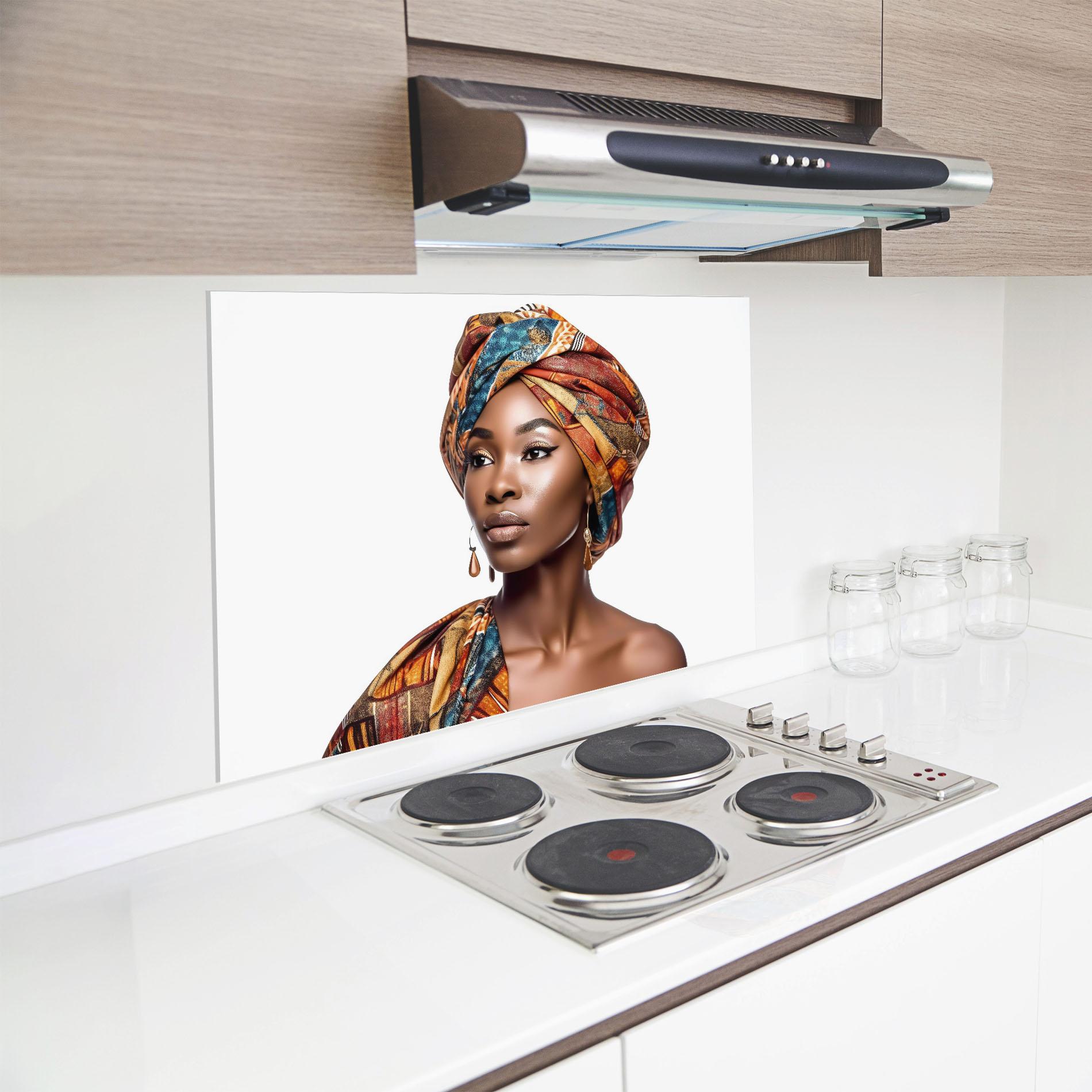 Küchenrückwand Glas African Woman Turban mockup 8