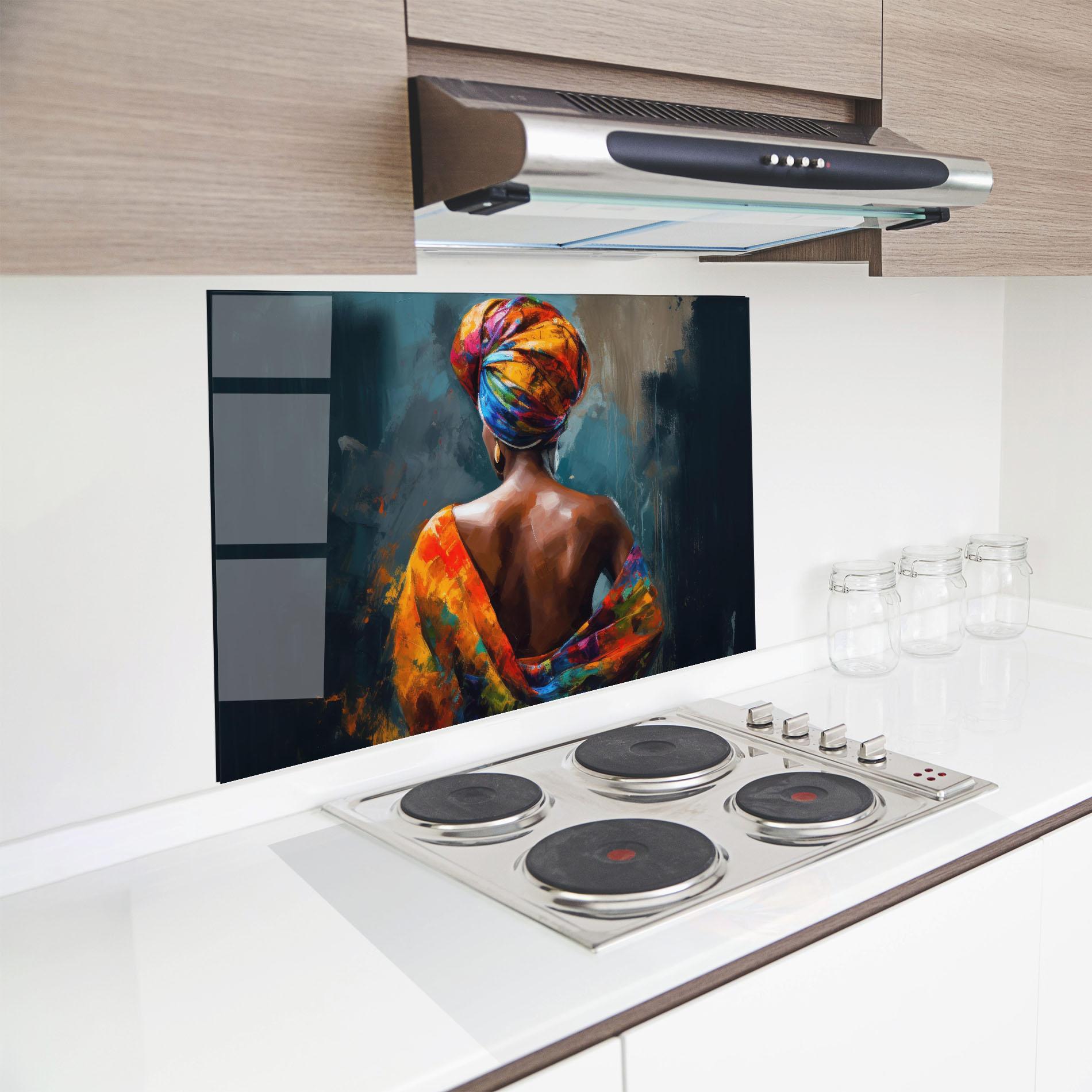 Küchenrückwand Glas Colorful Turban Woman mockup 8