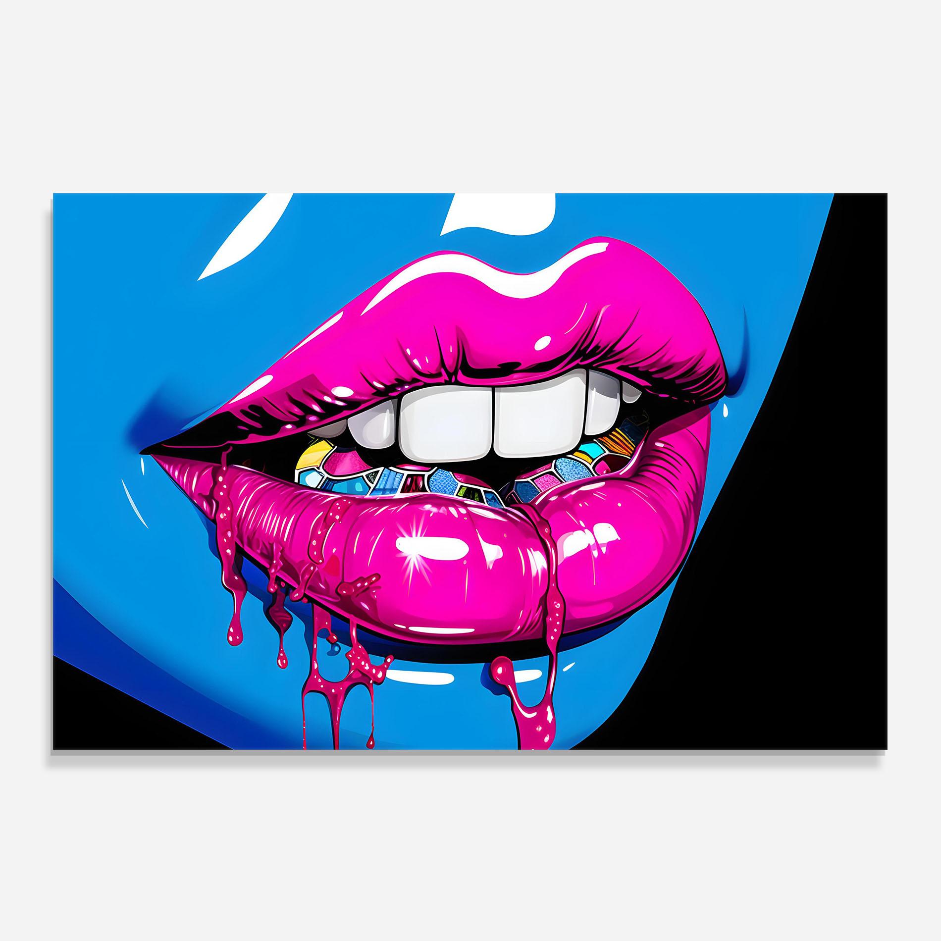 Küchenrückwand Glas Blue Pink Lips Art mockup 0