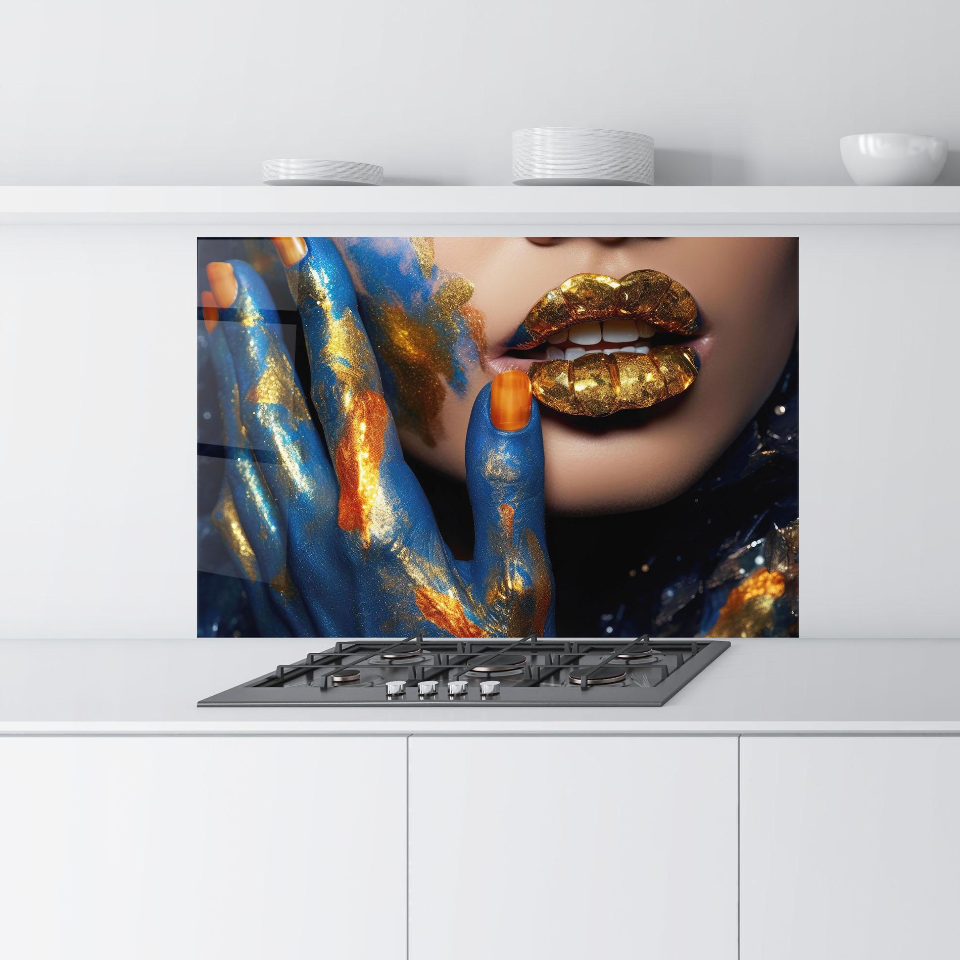 Küchenrückwand Glas Blue Hand Lips mockup 9