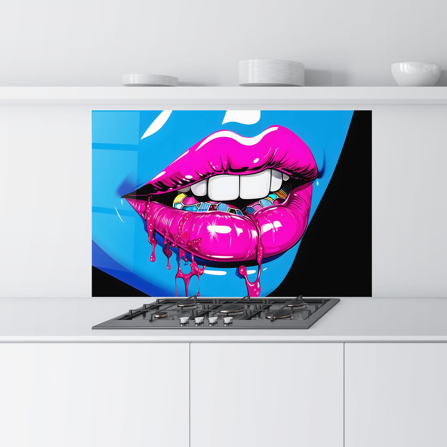 Küchenrückwand Glas Blue Pink Lips Art mockup 9