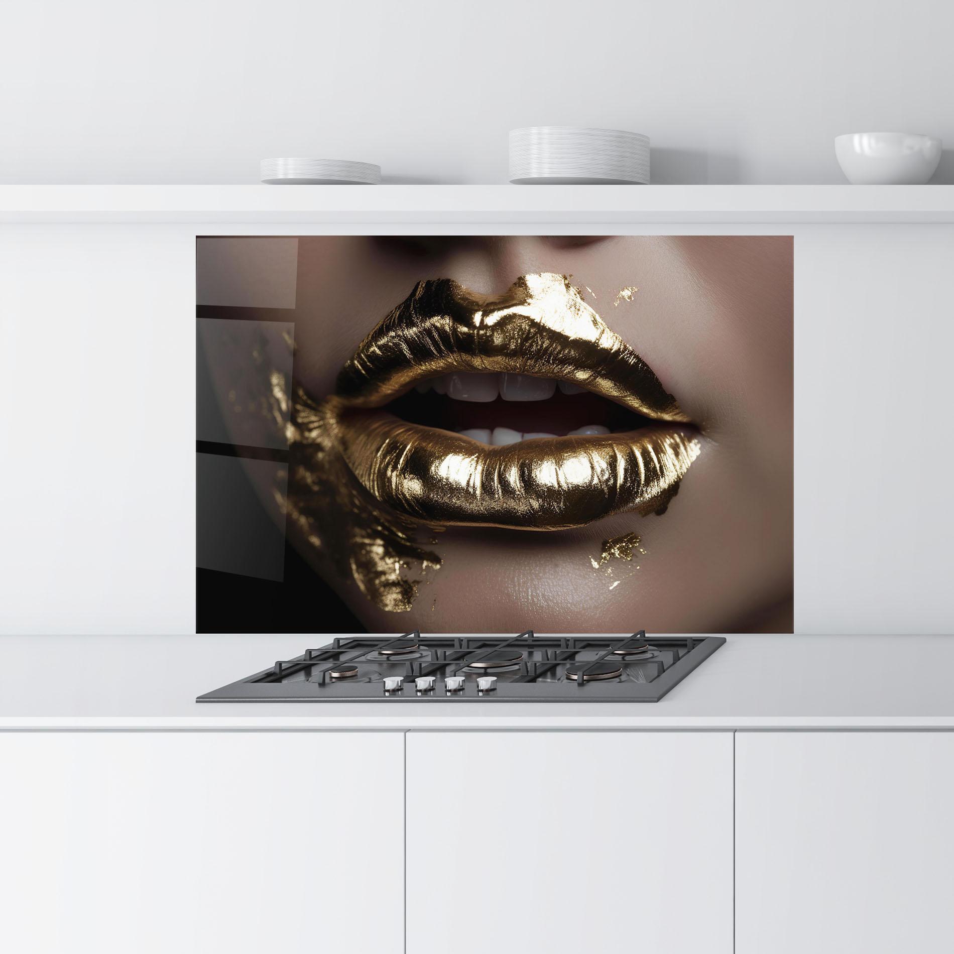 Küchenrückwand Glas Gold Lips mockup 9