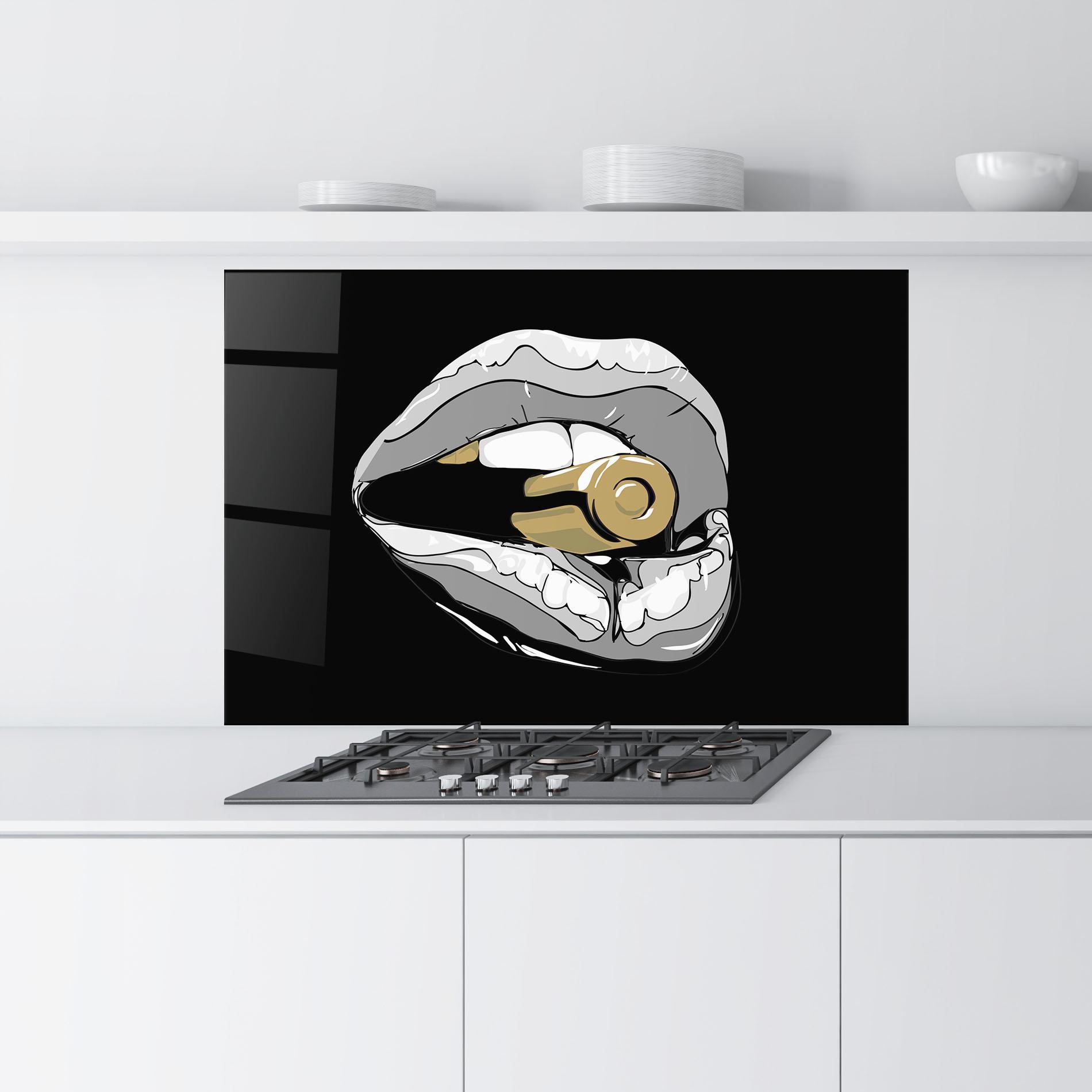 Küchenrückwand Glas Grey Bullet Lips mockup 9