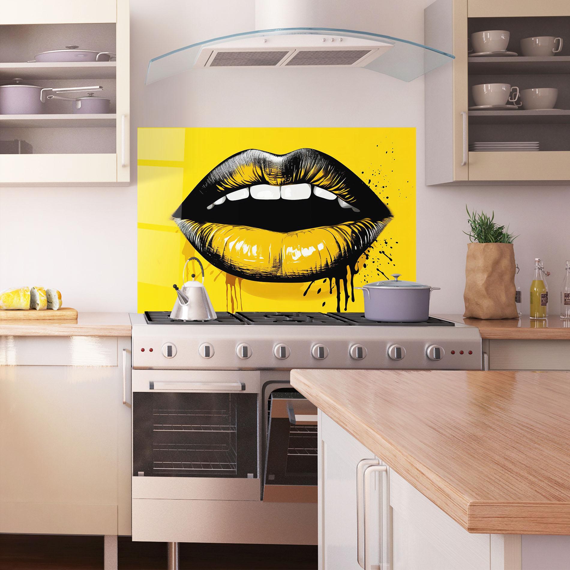 Küchenrückwand Glas Black Yellow Lips mockup 1