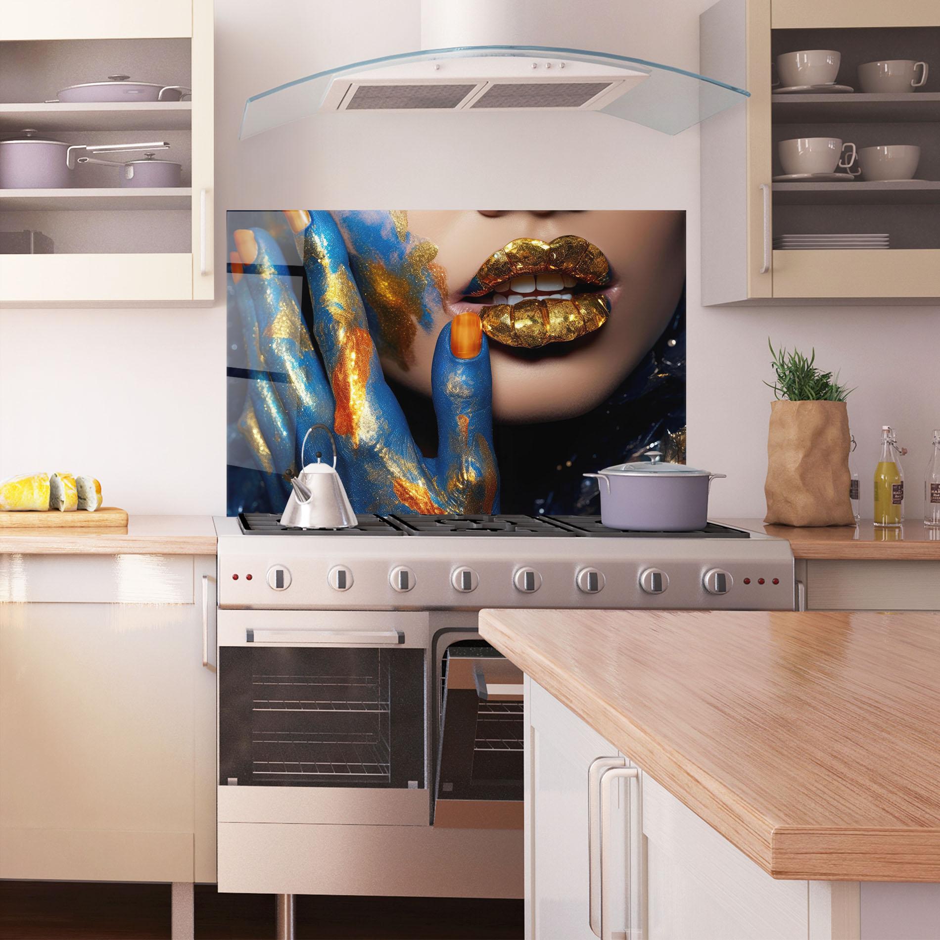 Küchenrückwand Glas Blue Hand Lips mockup 1