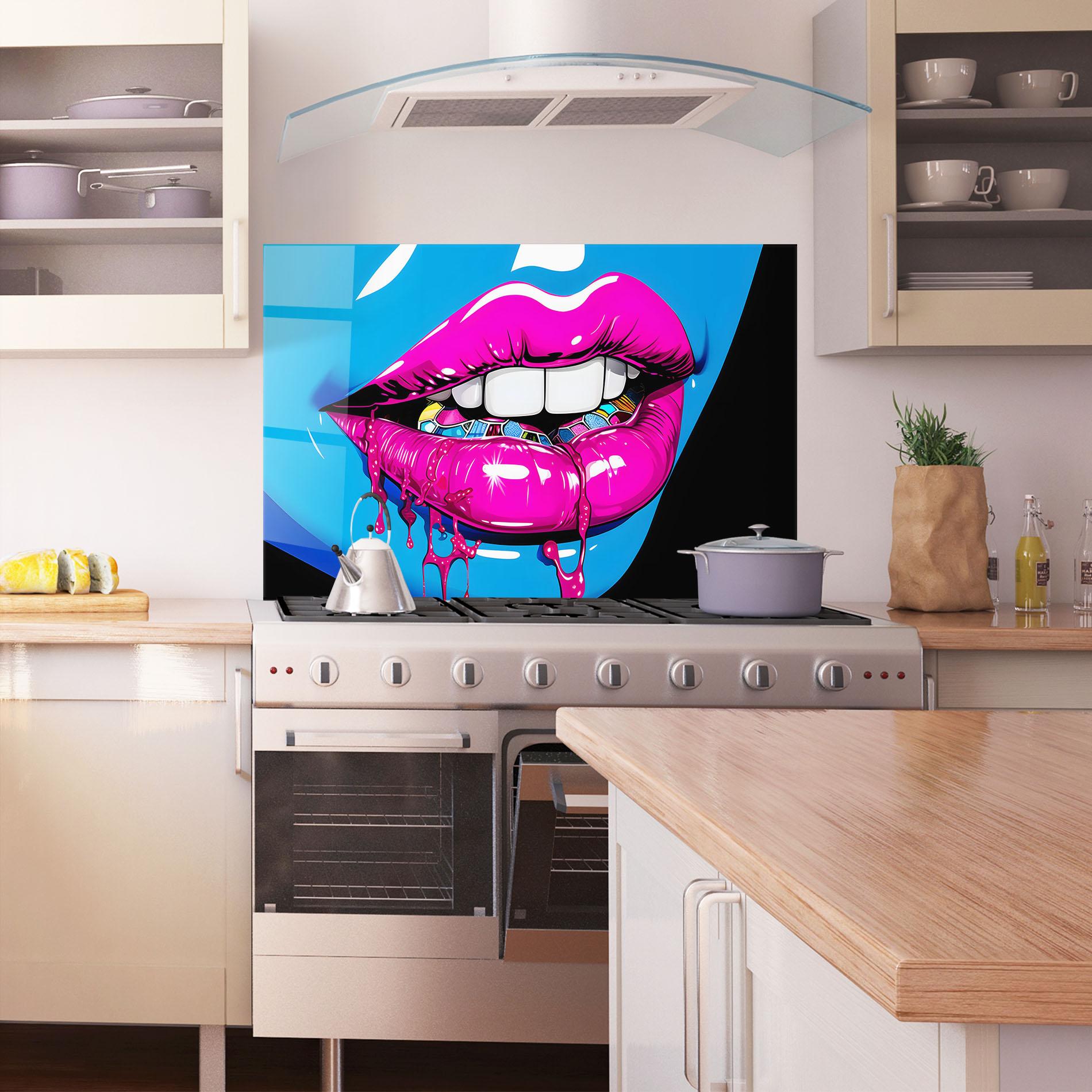 Küchenrückwand Glas Blue Pink Lips Art mockup 1